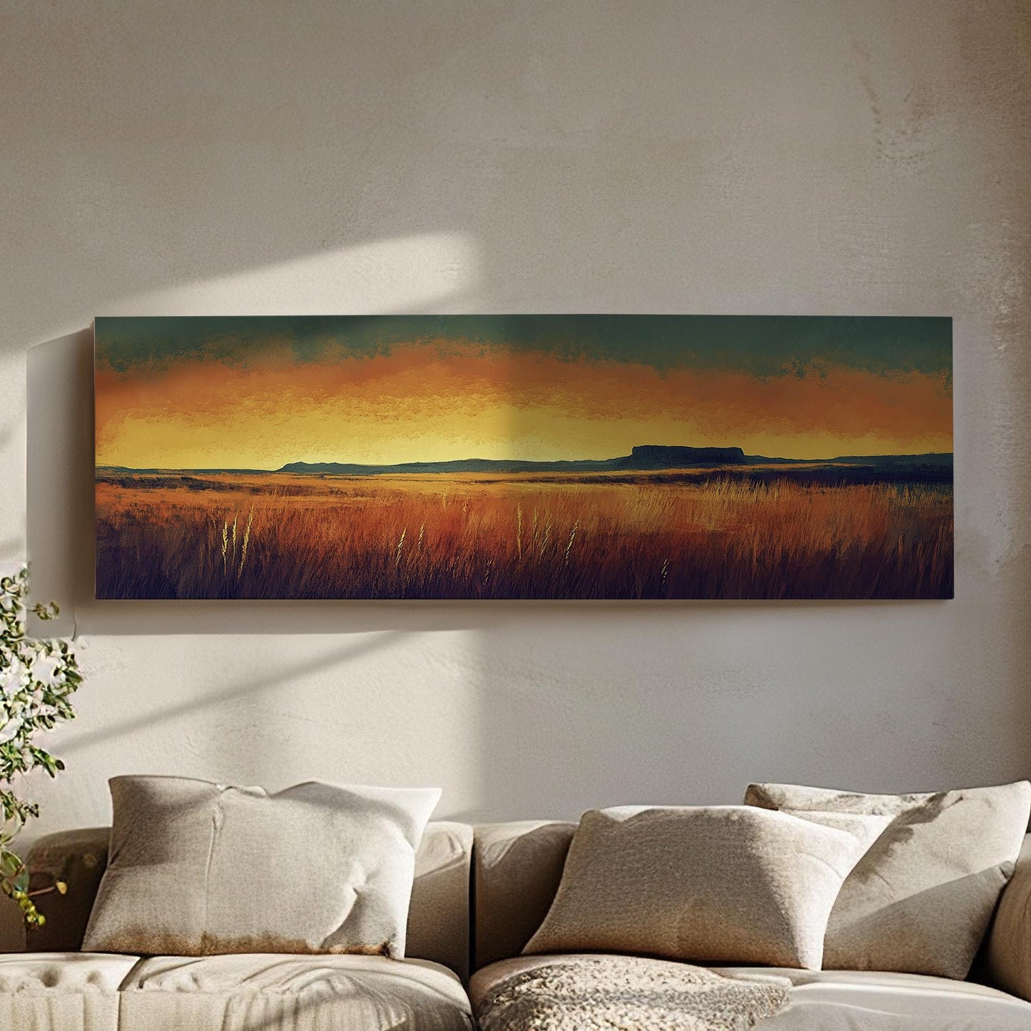 Sunset Prairie Canvas Art | Impasto Brushstroke Print | Mid Century Modern Wall Art For Living Room | Ochre and Ember Art Panoramic Wall Art