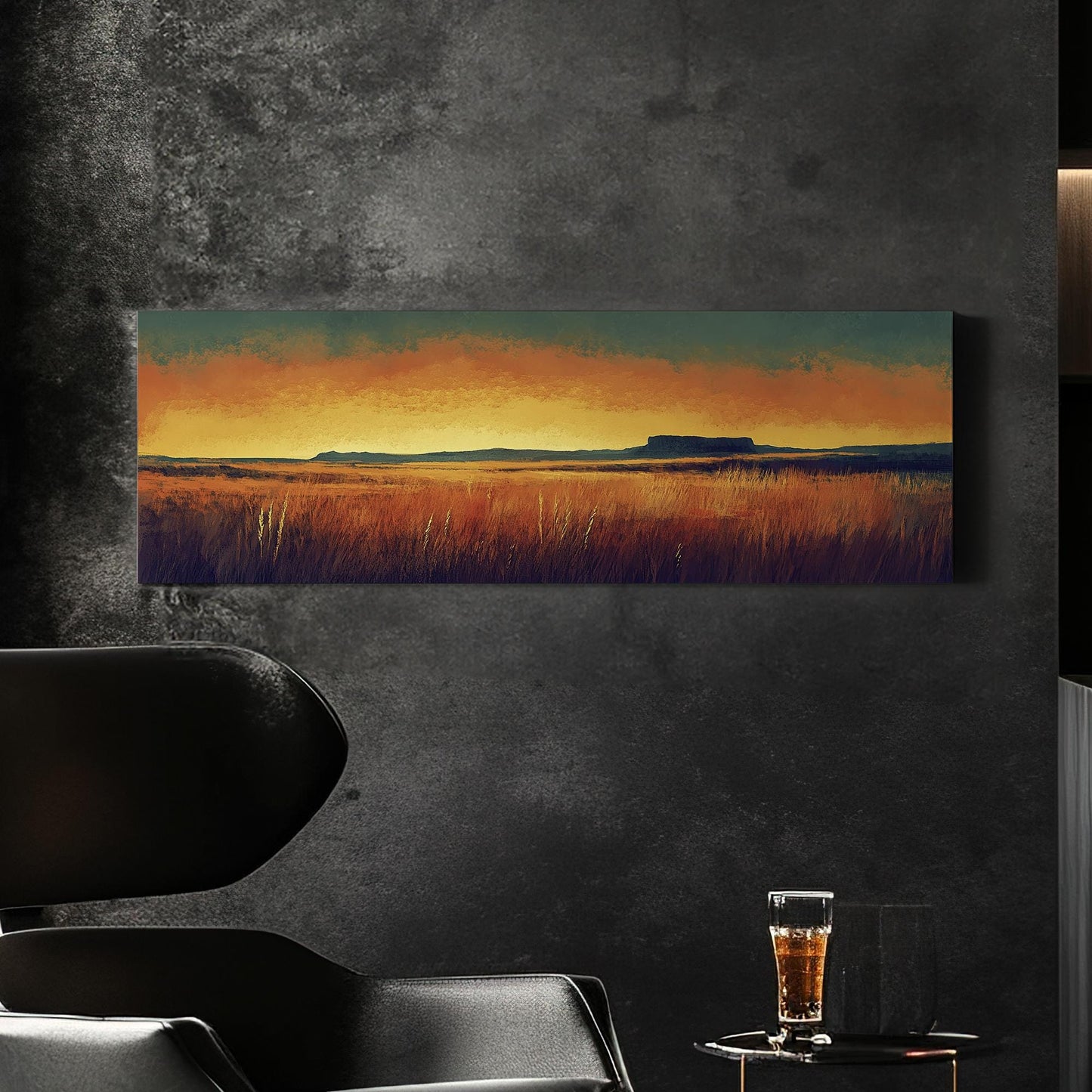 Sunset Prairie Canvas Art | Impasto Brushstroke Print | Mid Century Modern Wall Art For Living Room | Ochre and Ember Art Panoramic Wall Art