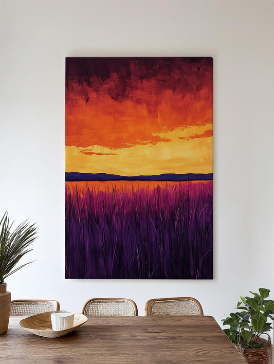 Sunset Prairie Canvas Art | Impasto Brushstroke Print | Bohemian Wall Art For Living Room | Amethyst Ember Art Vertical Canvas