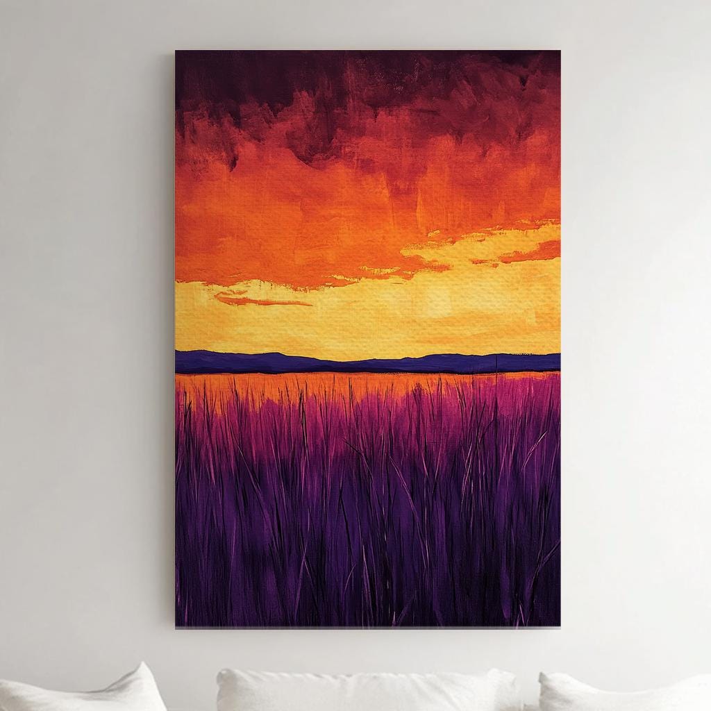 Sunset Prairie Canvas Art | Impasto Brushstroke Print | Bohemian Wall Art For Living Room | Amethyst Ember Art Vertical Canvas