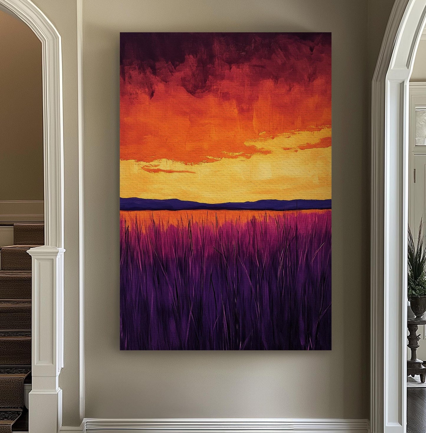 Sunset Prairie Canvas Art | Impasto Brushstroke Print | Bohemian Wall Art For Living Room | Amethyst Ember Art Vertical Canvas