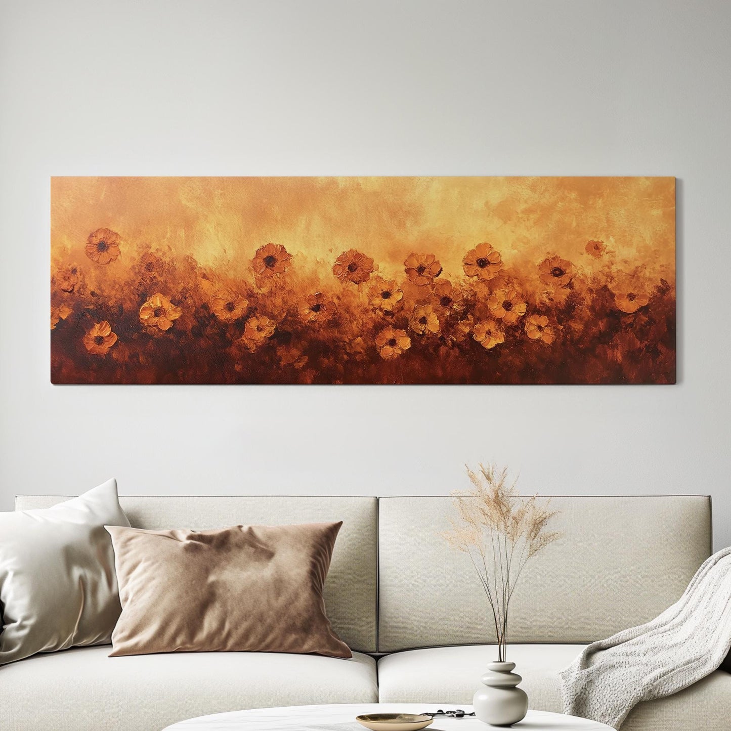 Sunset Poppies Canvas Art | Impasto Floral Print | Bohemian Wall Art For Living Room | Burnt Sienna Art Panoramic Wall Art
