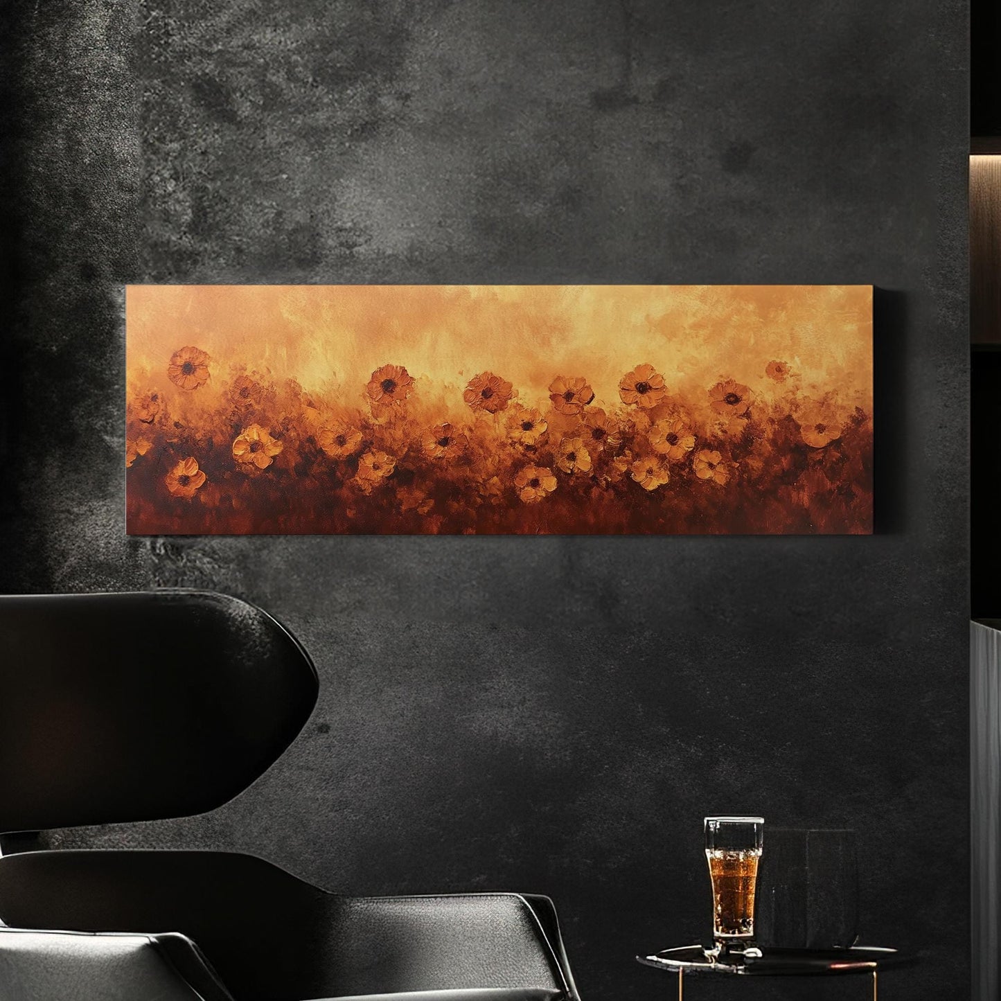 Sunset Poppies Canvas Art | Impasto Floral Print | Bohemian Wall Art For Living Room | Burnt Sienna Art Panoramic Wall Art