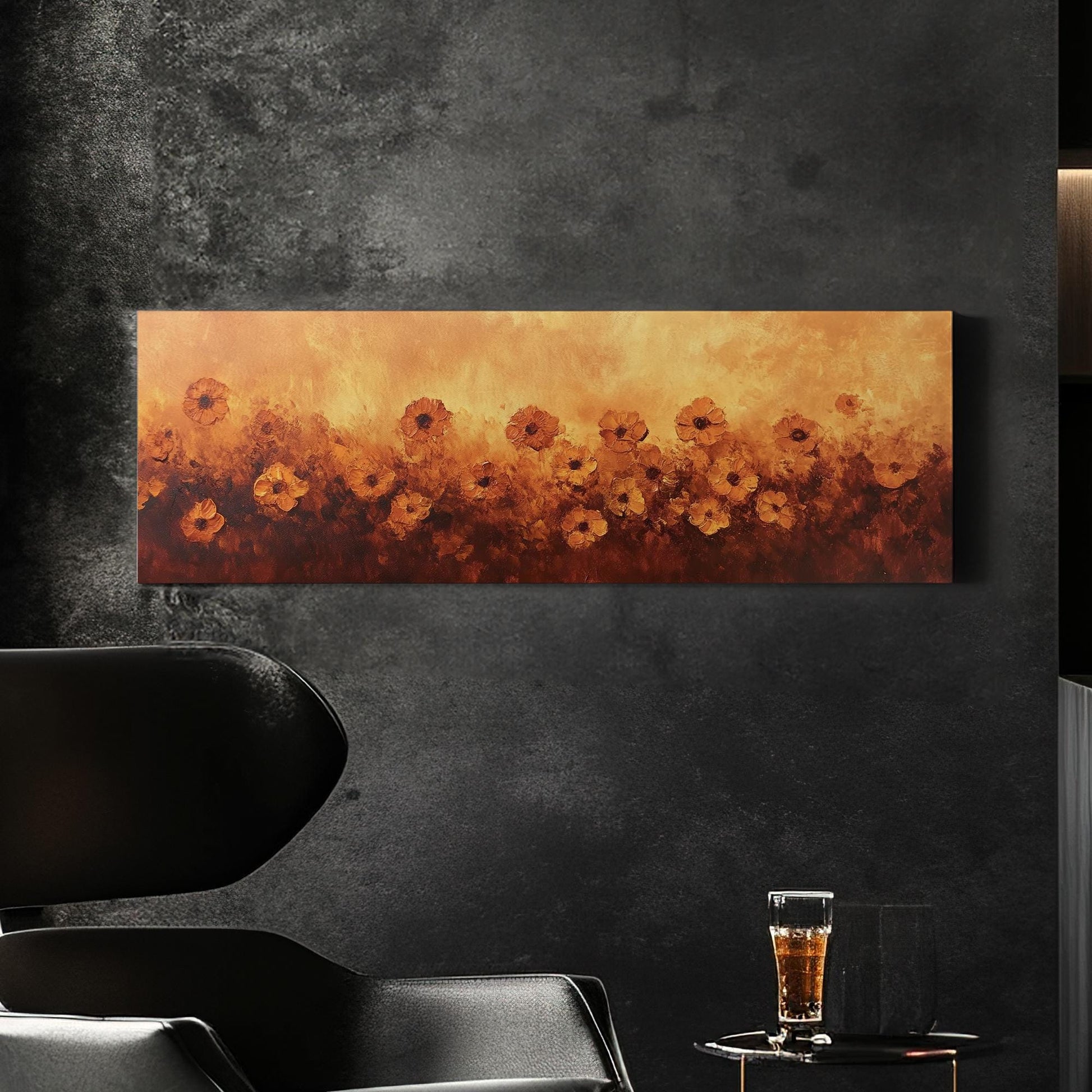 Sunset Poppies Canvas Art | Impasto Floral Print | Bohemian Wall Art For Living Room | Burnt Sienna Art Panoramic Wall Art