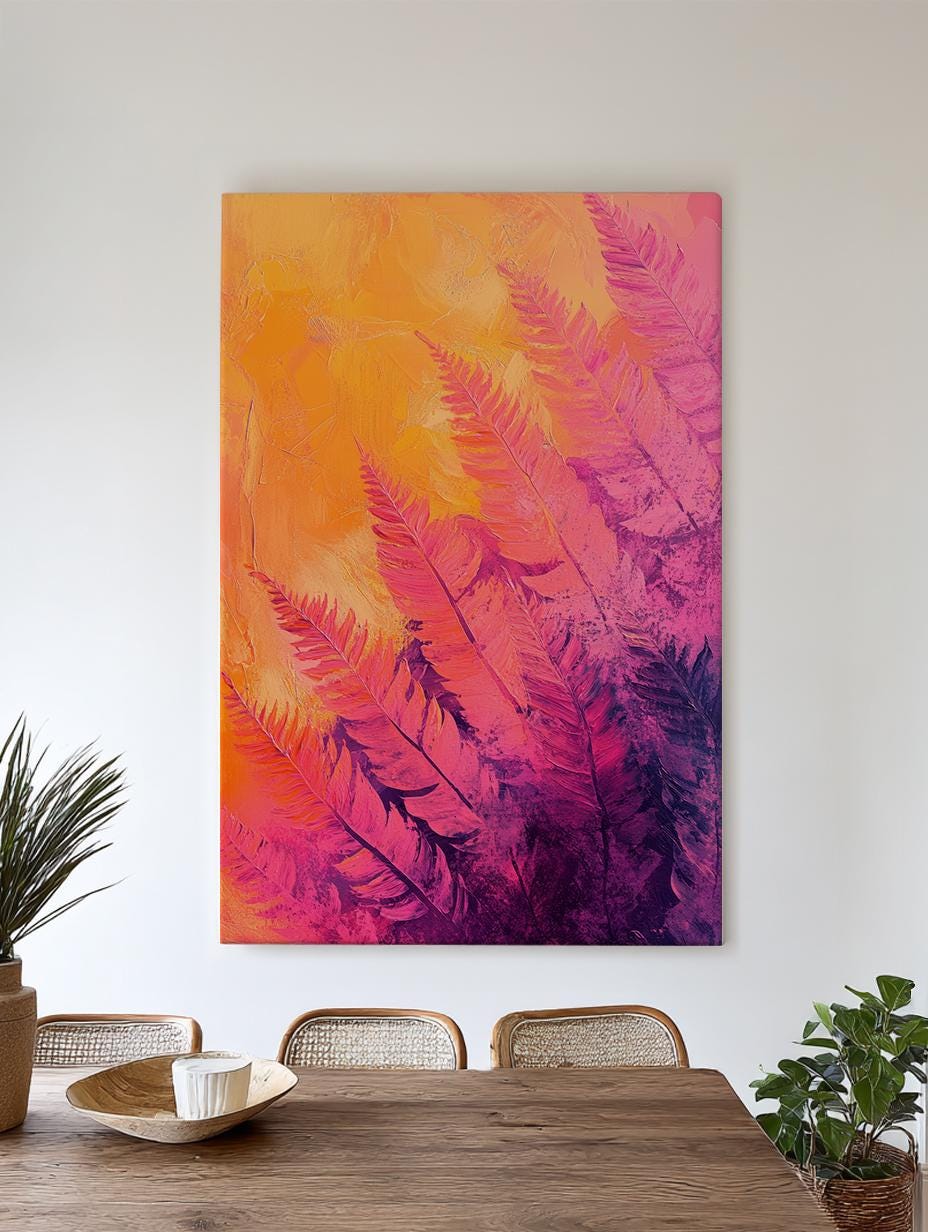 Sunset Palm Fronds Canvas Art | Impasto Painting Print | Bohemian Modern Wall Art For Living Room | Coral Sunset Art Vertical Canvas