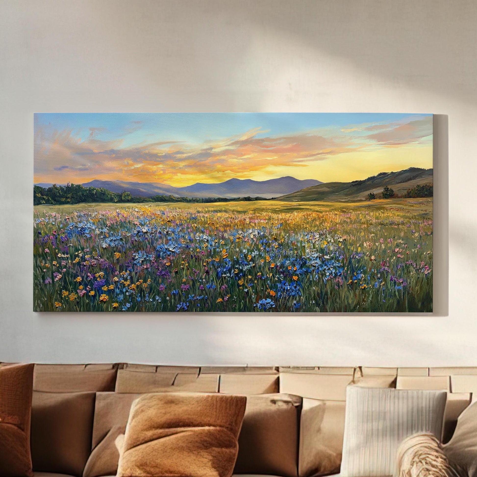Sunset Meadow Wildflower Canvas Art | Impasto Painting Print | Bohemian Wall Art For Living Room | Honeycomb Hues Art Horizontal Art
