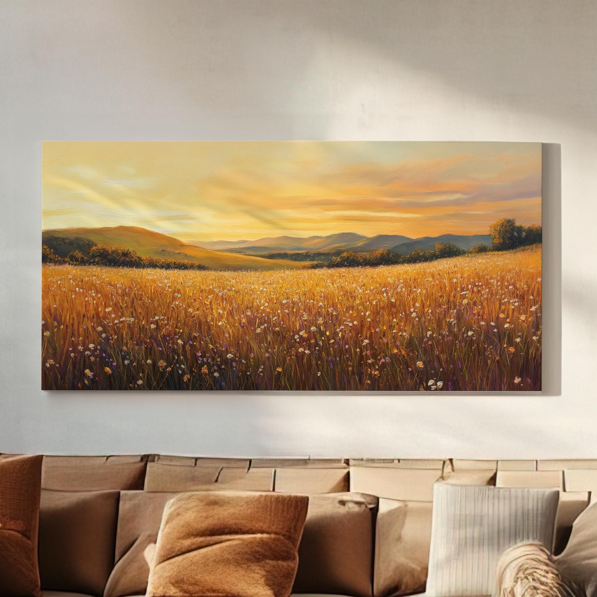 Sunset Meadow Canvas Art | Impasto Impressionism Print | Bohemian Wall Art For Living Room | Honeycomb Hues Art Horizontal Art