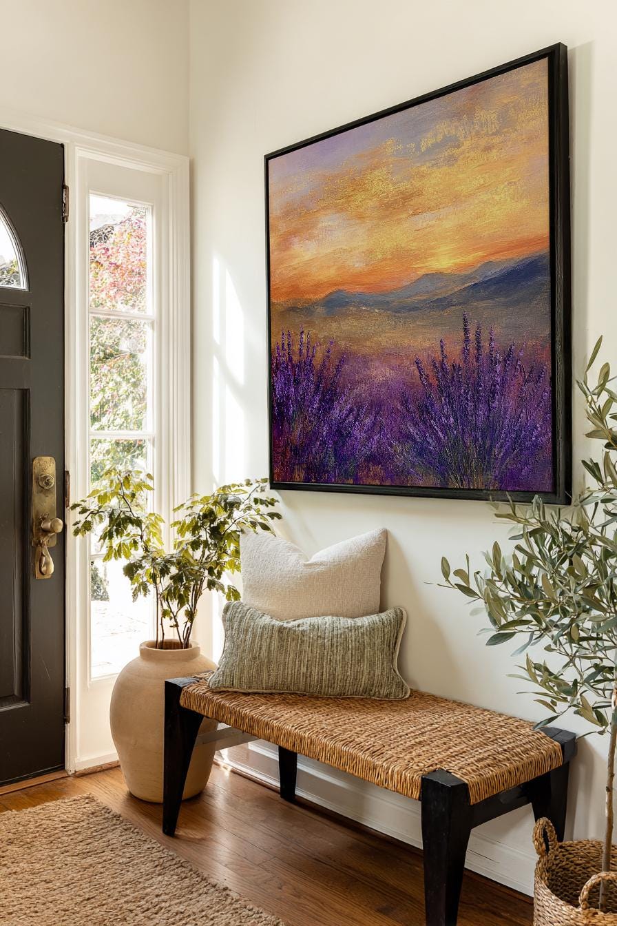 Sunset Lavender Field Canvas Art | Impasto Print | Bohemian Wall Art For Living Room | Burnished Gold Art | Tranquil Decor Square Canvas Art