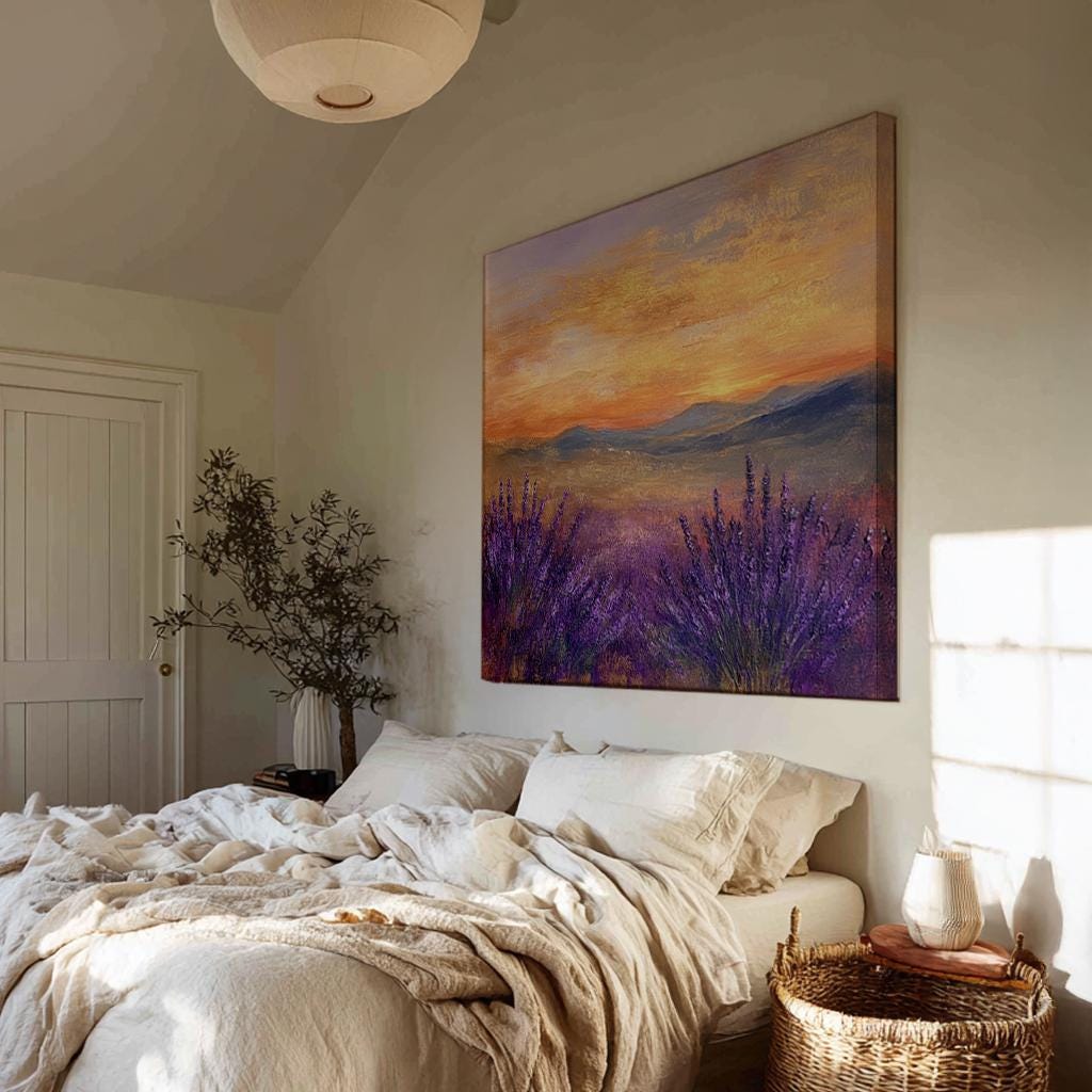 Sunset Lavender Field Canvas Art | Impasto Print | Bohemian Wall Art For Living Room | Burnished Gold Art | Tranquil Decor Square Canvas Art