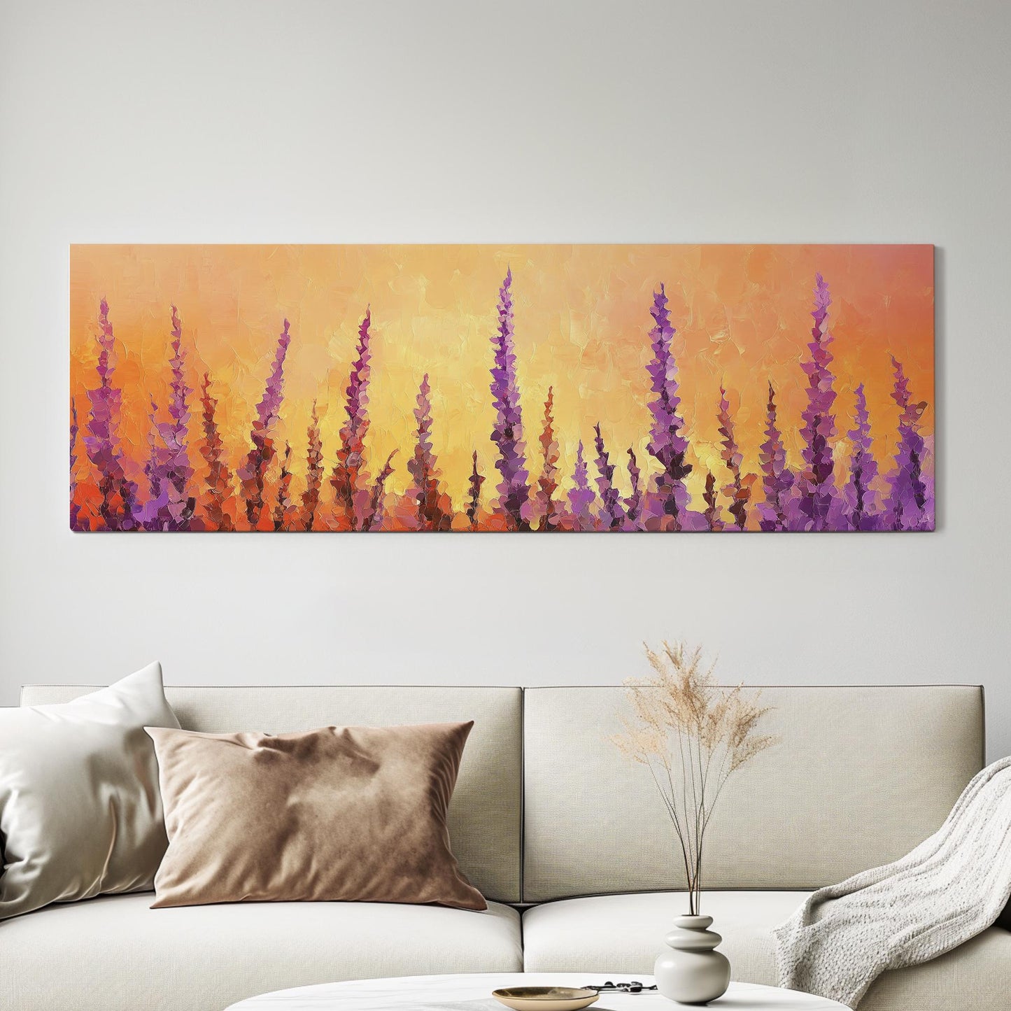 Sunset Lavender Field Canvas Art | Impasto Palette Knife Print | Bohemian Modern Wall Art For Living Room Panoramic Wall Art