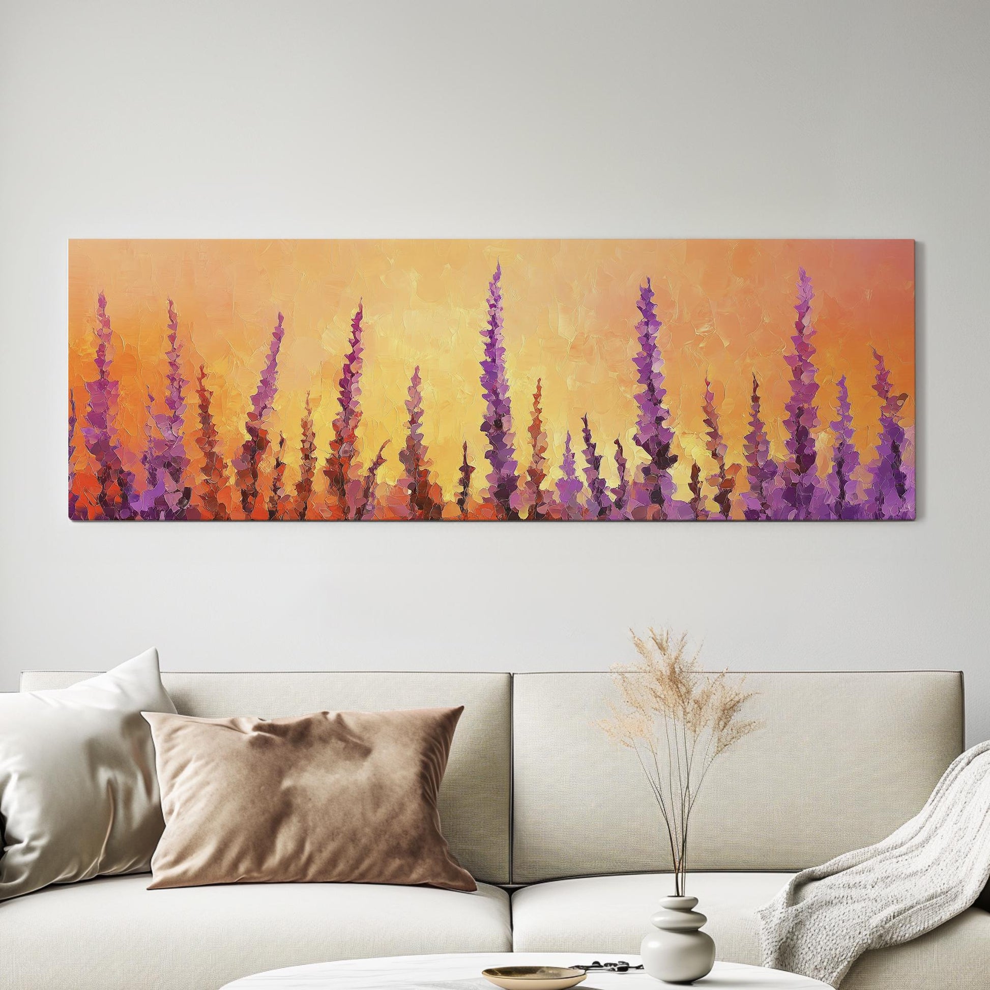 Sunset Lavender Field Canvas Art | Impasto Palette Knife Print | Bohemian Modern Wall Art For Living Room Panoramic Wall Art