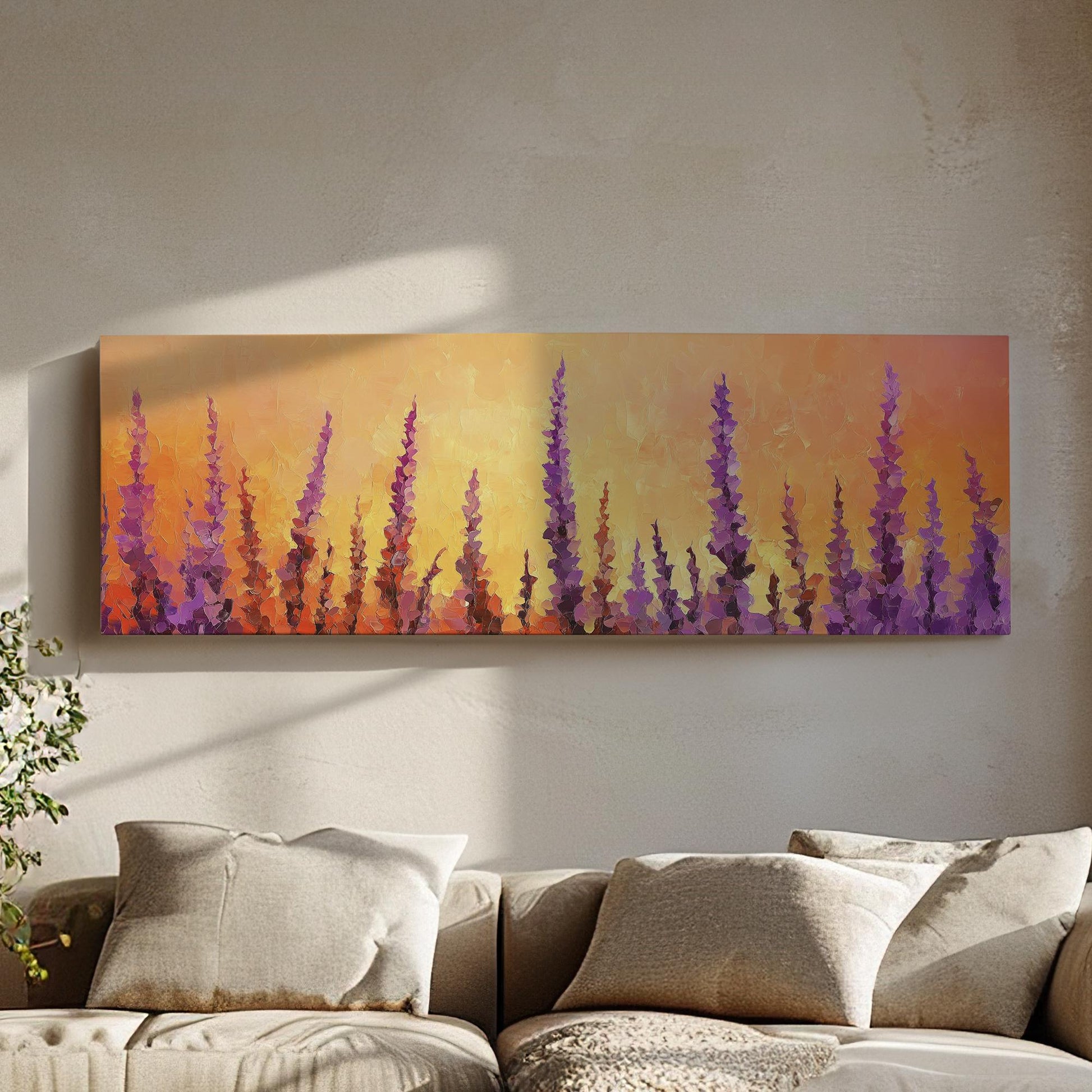 Sunset Lavender Field Canvas Art | Impasto Palette Knife Print | Bohemian Modern Wall Art For Living Room Panoramic Wall Art