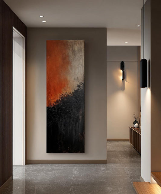 Sunset Hues Canvas Art | Impasto Textured Print | Modernist Wall Art For Living Room | Burnished Copper Art Long Vertical Art