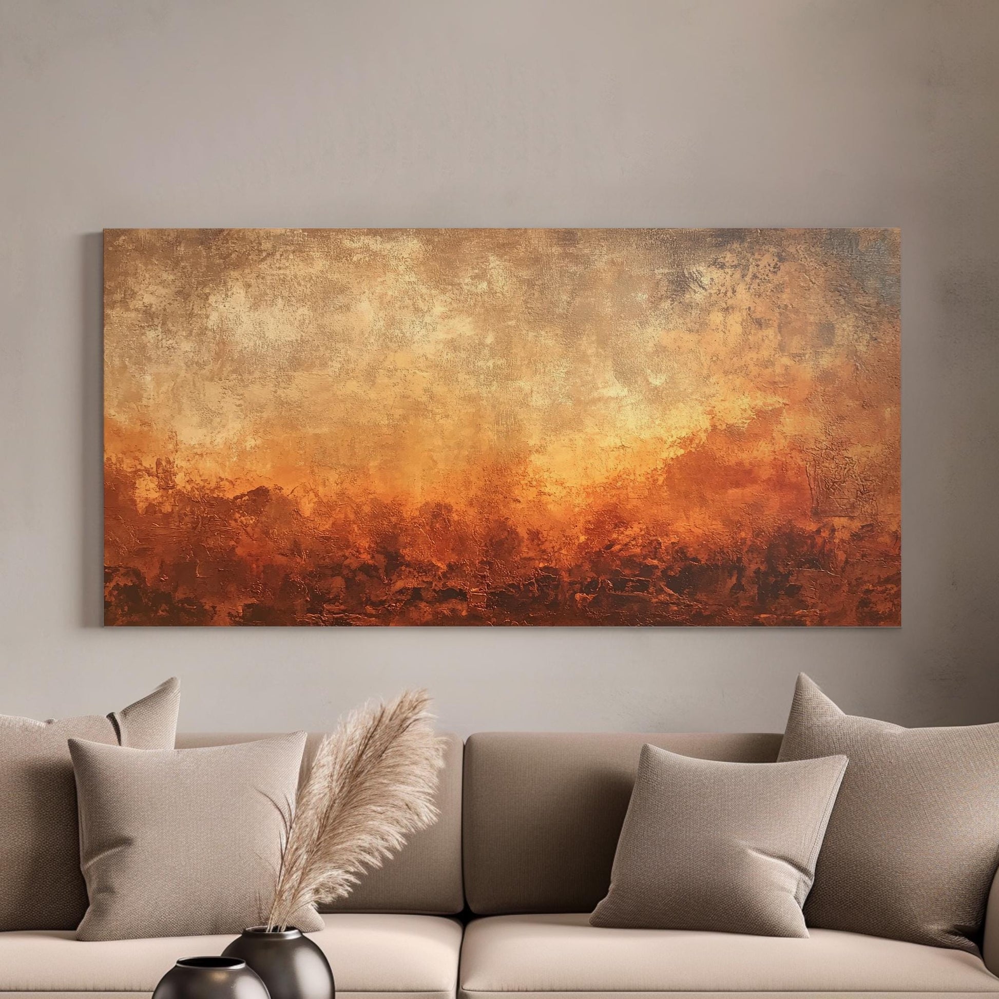 Sunset Hues Canvas Art | Impasto Textured Print | Bohemian Wall Art For Living Room | Terracotta Gold Art Horizontal Art