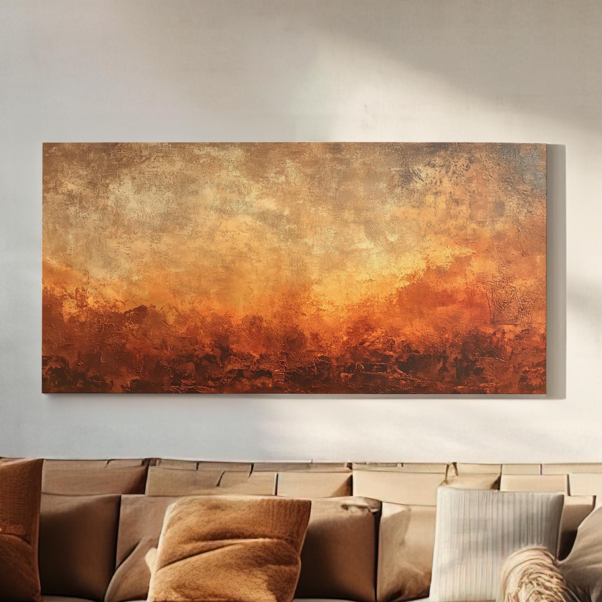 Sunset Hues Canvas Art | Impasto Textured Print | Bohemian Wall Art For Living Room | Terracotta Gold Art Horizontal Art