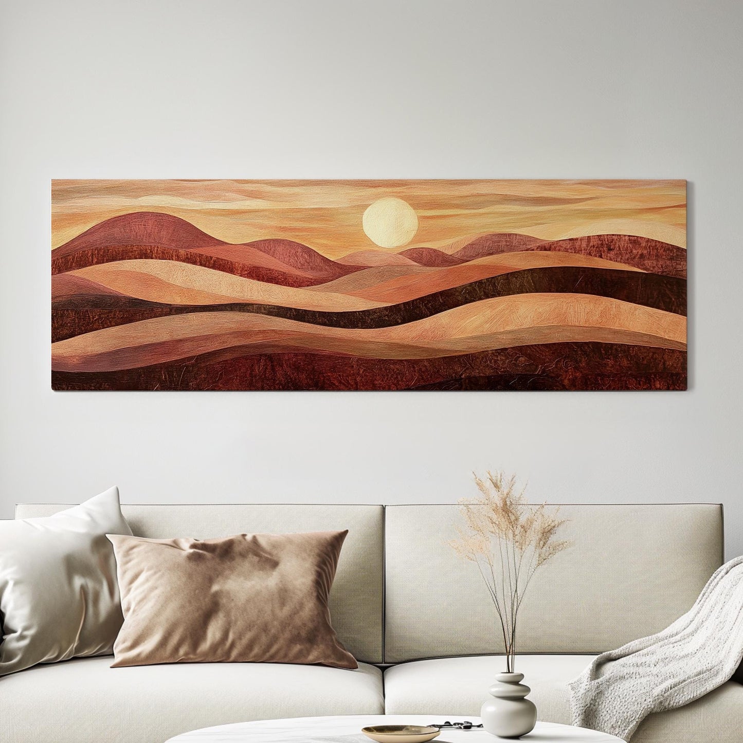 Sunset Hues Canvas Art | Impasto Print | Biophilic Wall Art For Living Room | Terracotta Bronze Art Panoramic Wall Art