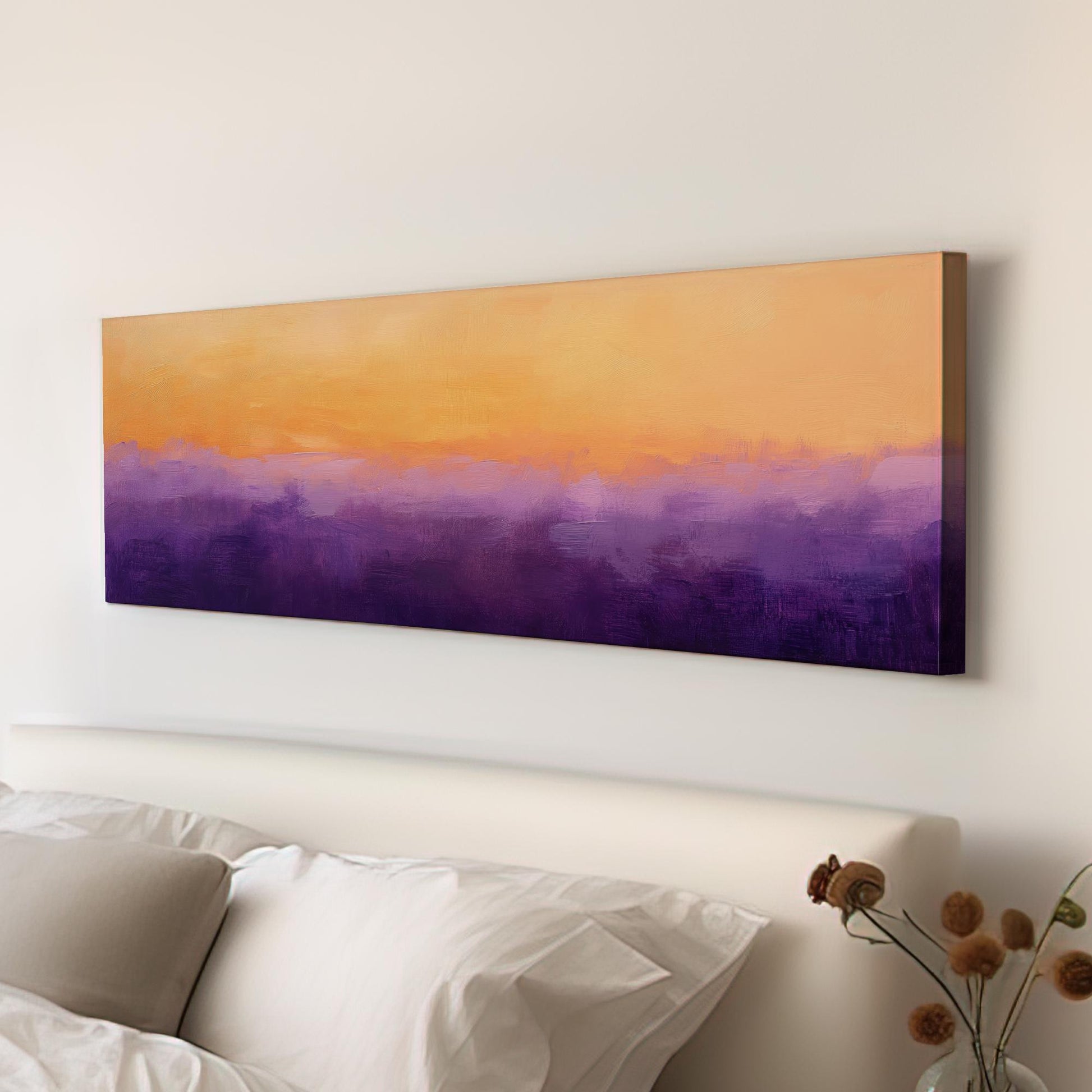 Sunset Hues Canvas Art | Impasto Palette Knife Print | Bohemian Wall Art For Living Room | Apricot and Amethyst Art Panoramic Wall Art