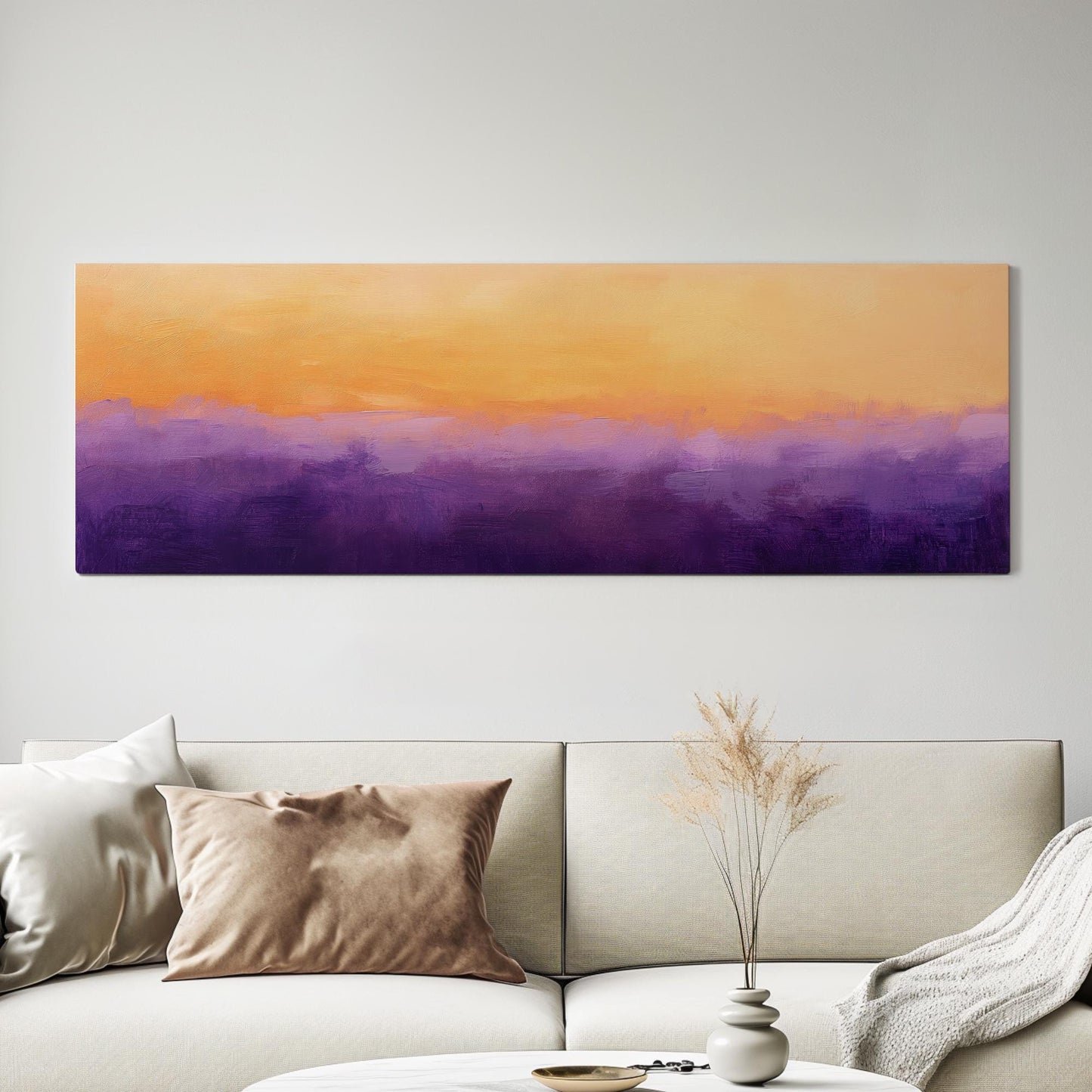 Sunset Hues Canvas Art | Impasto Palette Knife Print | Bohemian Wall Art For Living Room | Apricot and Amethyst Art Panoramic Wall Art
