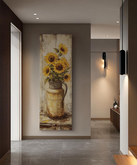 Sunflowers in Vintage Milk Can Canvas Art | Impasto Oil Print | French Country Wall Art For Dining Room Long Vertical Art