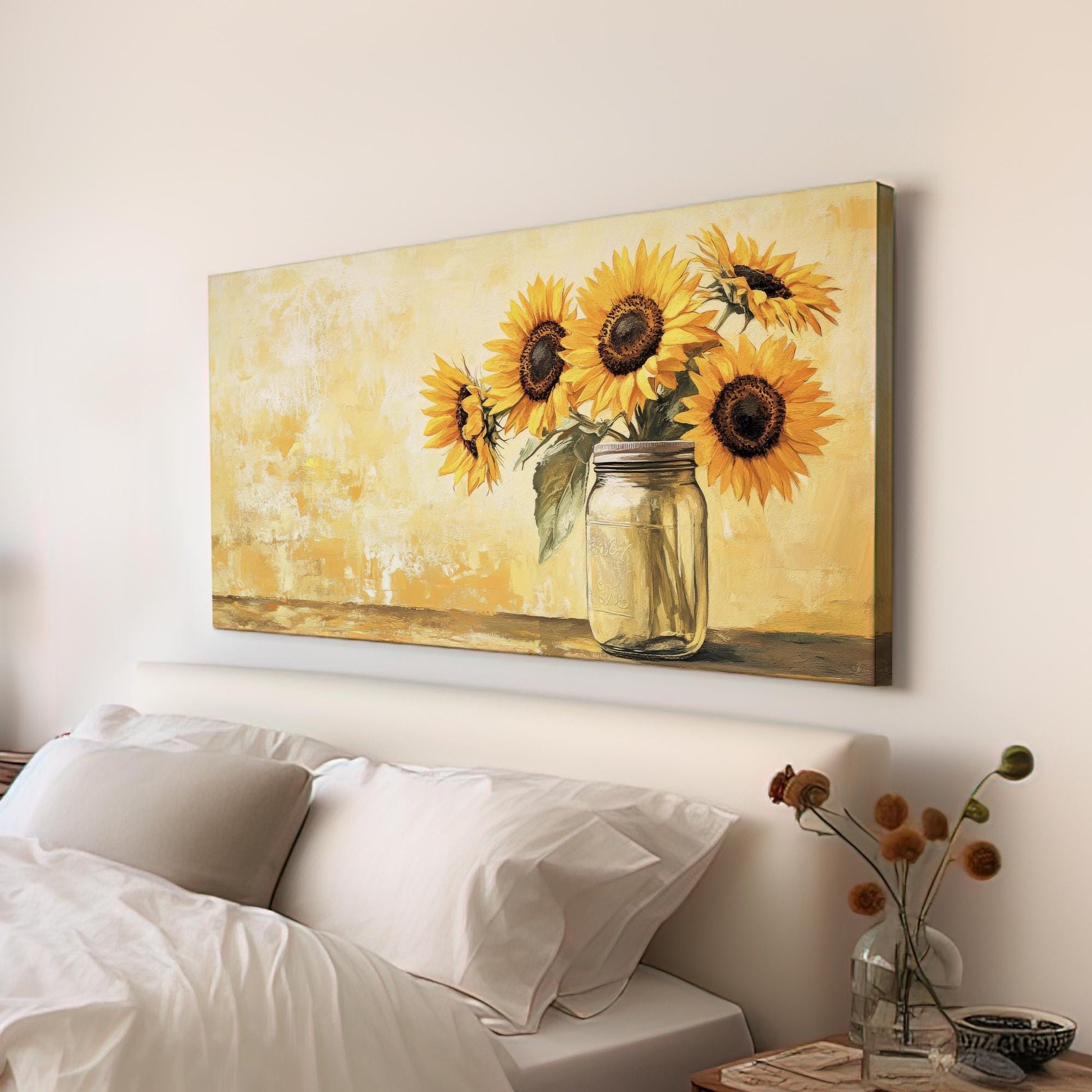 Sunflowers in Mason Jar Canvas Art | Impasto Oil Print | French Country Wall Art For Living Room | Honeycomb Yellow Art Horizontal Art