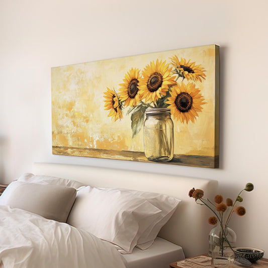 Sunflowers in Mason Jar Canvas Art | Impasto Oil Print | French Country Wall Art For Living Room | Honeycomb Yellow Art Horizontal Art