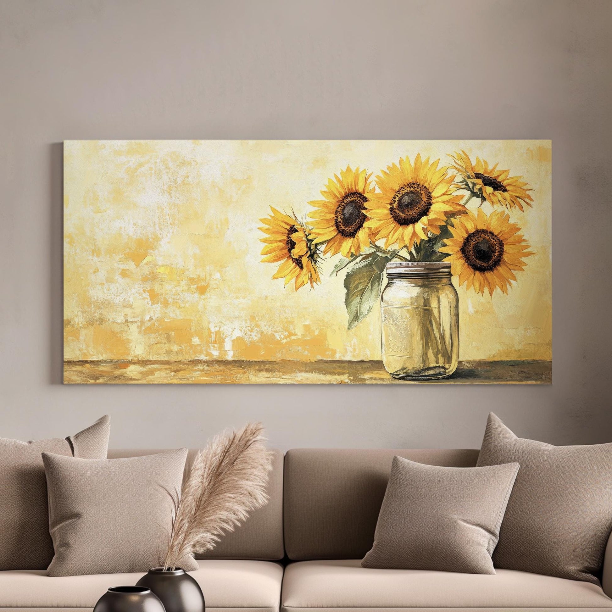 Sunflowers in Mason Jar Canvas Art | Impasto Oil Print | French Country Wall Art For Living Room | Honeycomb Yellow Art Horizontal Art