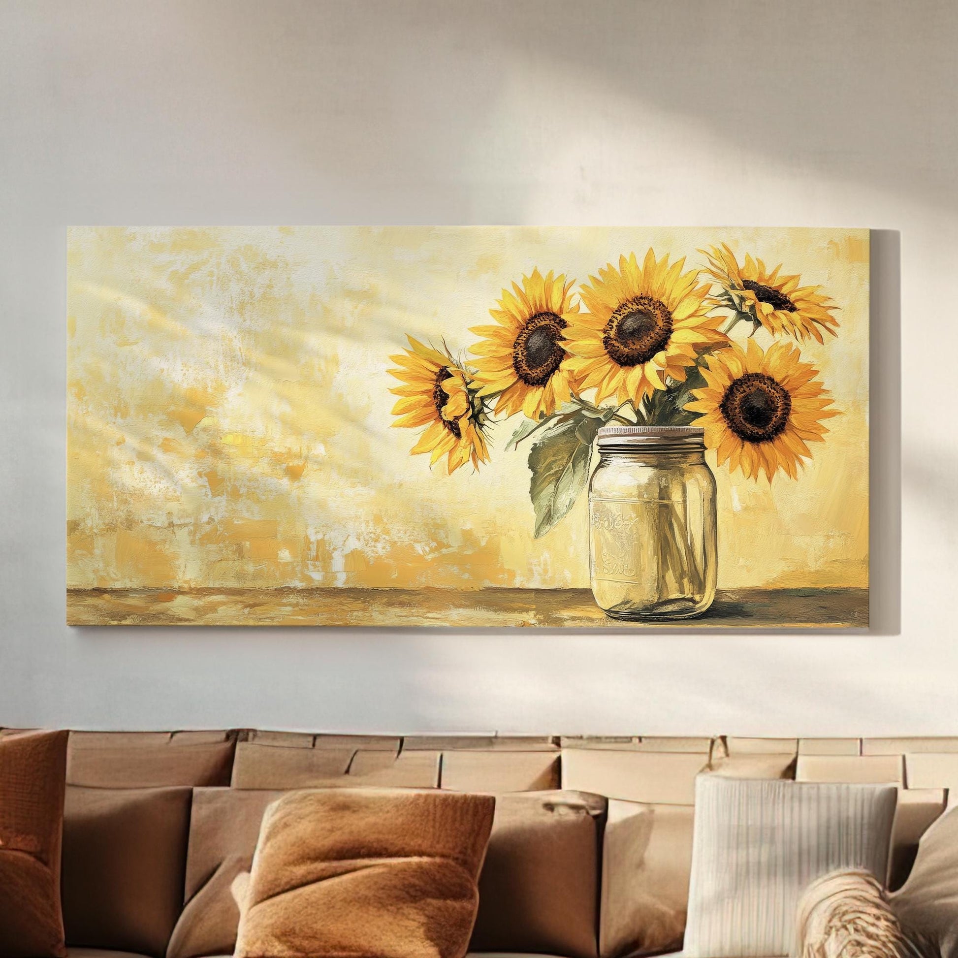 Sunflowers in Mason Jar Canvas Art | Impasto Oil Print | French Country Wall Art For Living Room | Honeycomb Yellow Art Horizontal Art