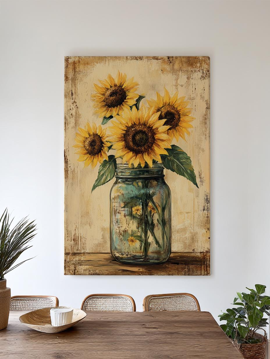 Sunflowers in Mason Jar Canvas Art | Impasto Oil Print | Bohemian Farmhouse Wall Art For Living Room | Honeycomb Wheat Art Vertical Canvas