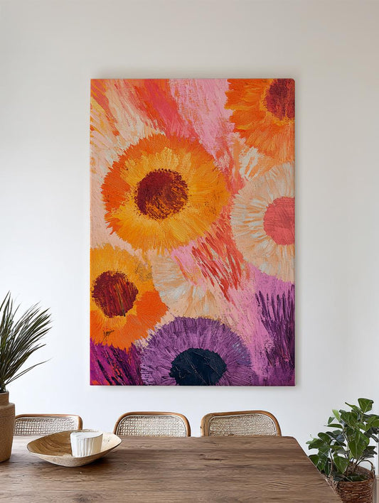Sunflowers Asters Impasto Canvas Art | Textural Floral Print | Bohemian Maximalist Wall Art For Living Room Vertical Canvas