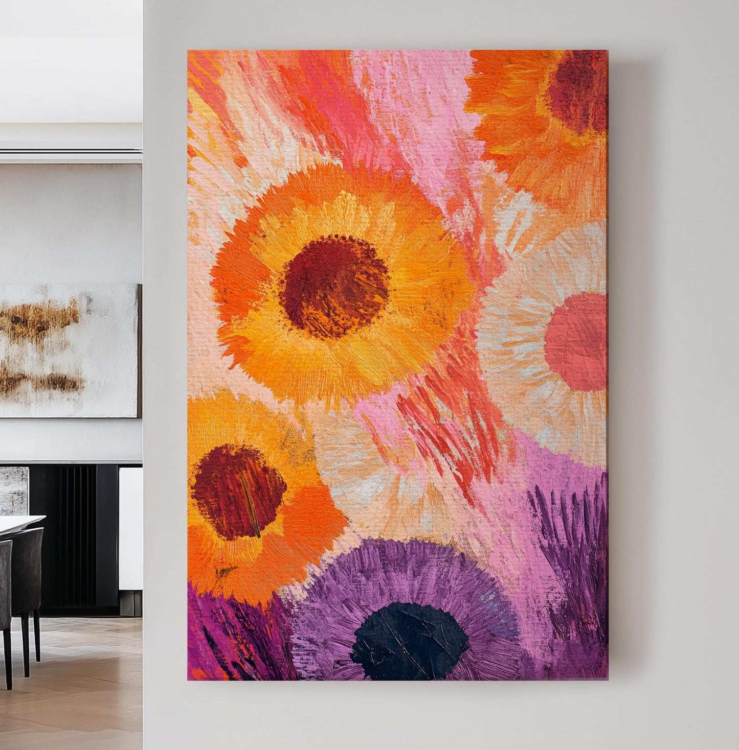 Sunflowers Asters Impasto Canvas Art | Textural Floral Print | Bohemian Maximalist Wall Art For Living Room Vertical Canvas