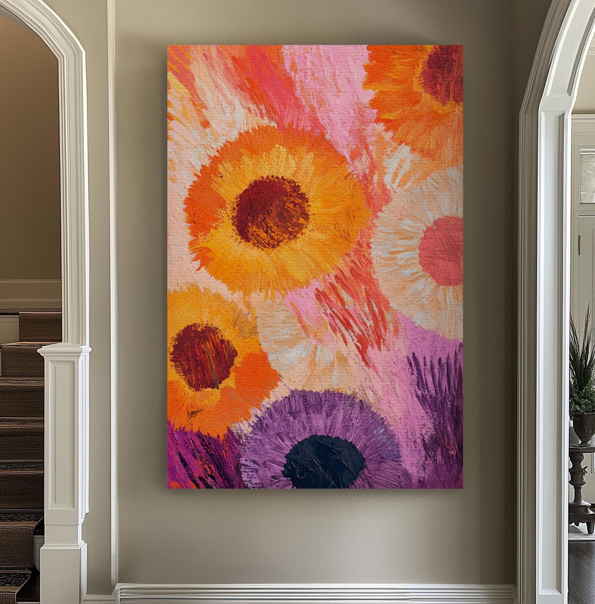 Sunflowers Asters Impasto Canvas Art | Textural Floral Print | Bohemian Maximalist Wall Art For Living Room Vertical Canvas