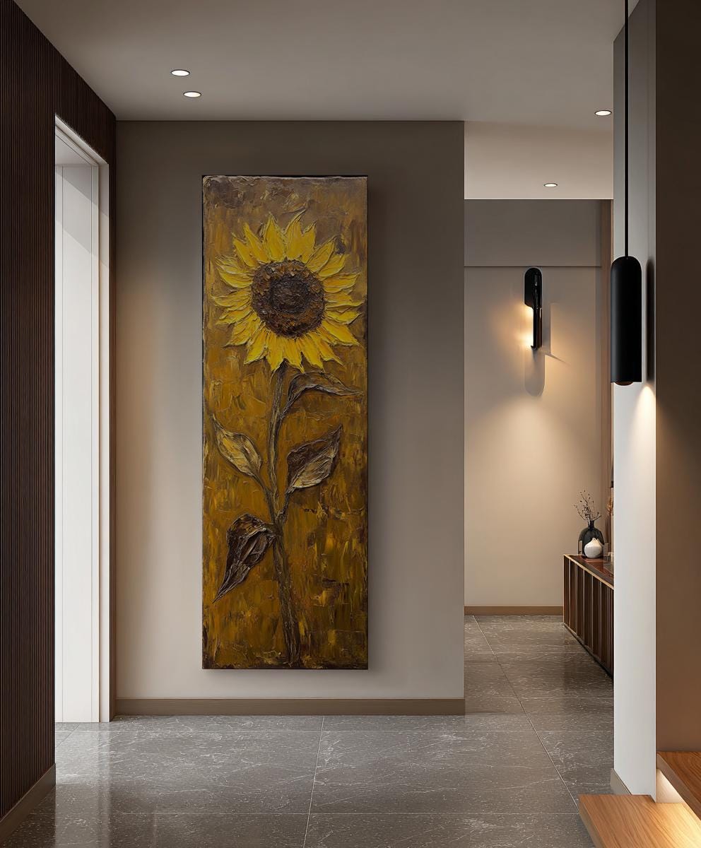 Sunflower Impasto Canvas Art | Textural Oil Print | Bohemian Maximalist Wall Art For Living Room | Golden Hour Ochre Art Long Vertical Art