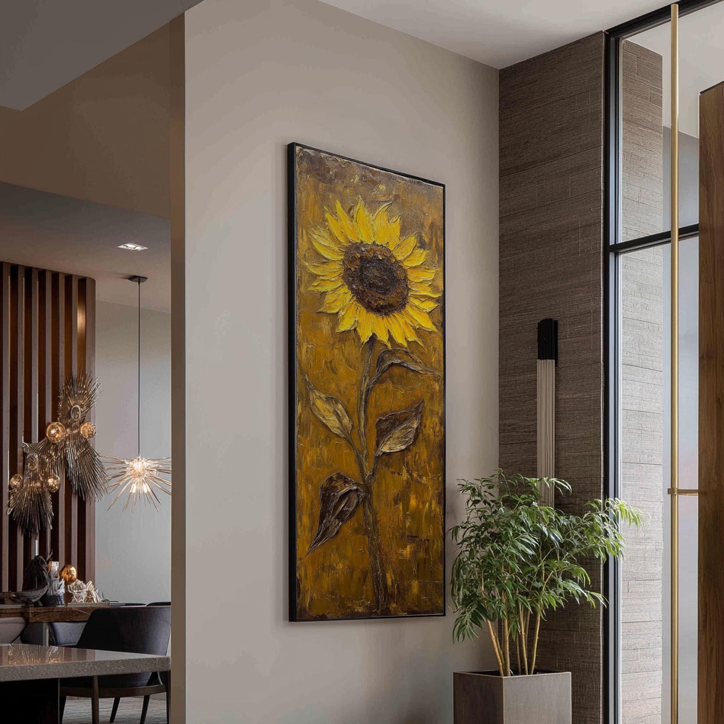 Sunflower Impasto Canvas Art | Textural Oil Print | Bohemian Maximalist Wall Art For Living Room | Golden Hour Ochre Art Long Vertical Art