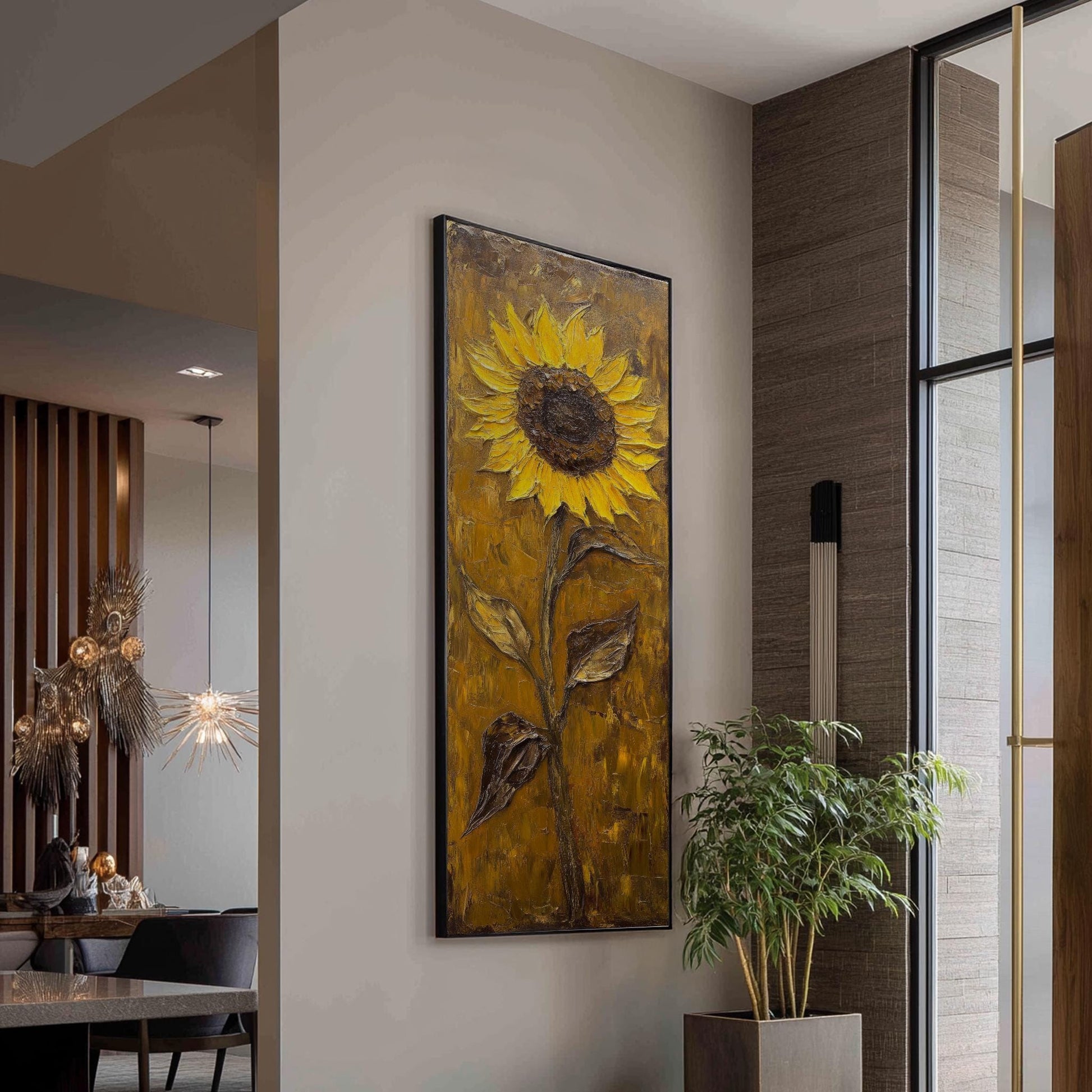 Sunflower Impasto Canvas Art | Textural Oil Print | Bohemian Maximalist Wall Art For Living Room | Golden Hour Ochre Art Long Vertical Art