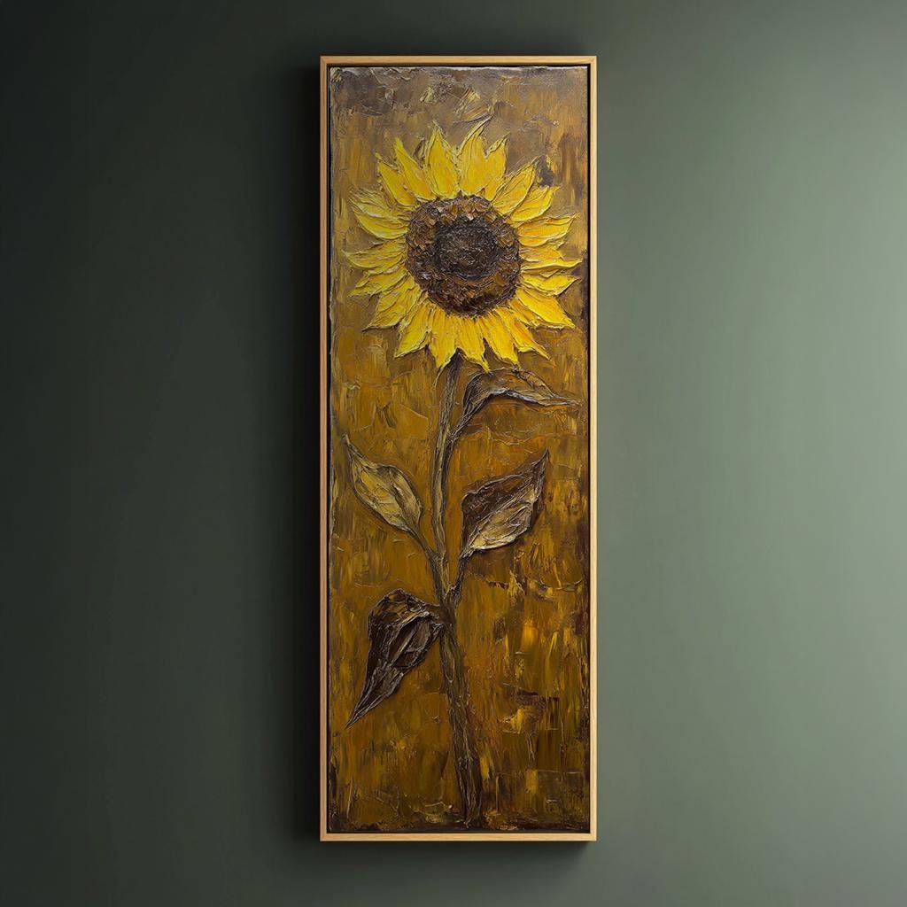 Sunflower Impasto Canvas Art | Textural Oil Print | Bohemian Maximalist Wall Art For Living Room | Golden Hour Ochre Art Long Vertical Art
