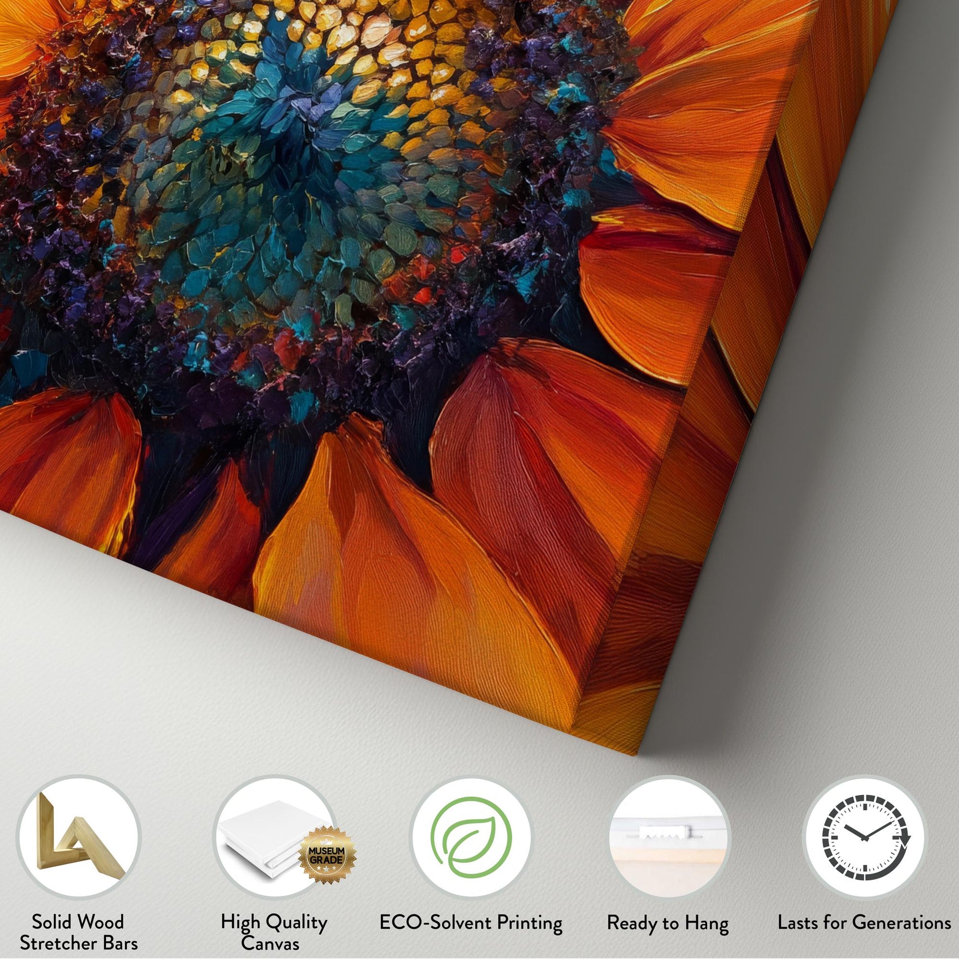 Sunflower Impasto Canvas Art | Palette Knife Print | Bohemian Wall Art For Living Room | Burnt Orange Teal Art Horizontal Art