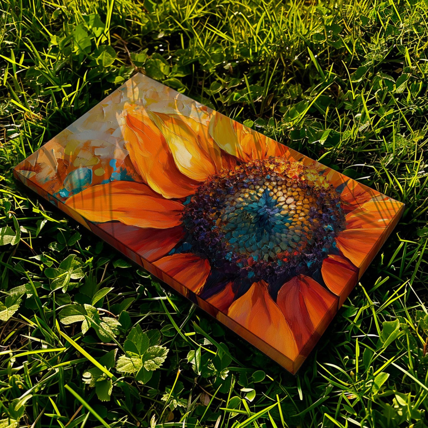 Sunflower Impasto Canvas Art | Palette Knife Print | Bohemian Wall Art For Living Room | Burnt Orange Teal Art Horizontal Art