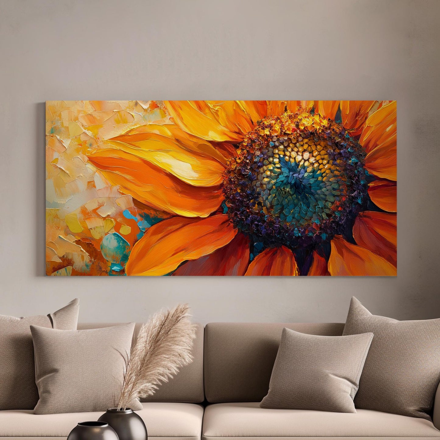 Sunflower Impasto Canvas Art | Palette Knife Print | Bohemian Wall Art For Living Room | Burnt Orange Teal Art Horizontal Art