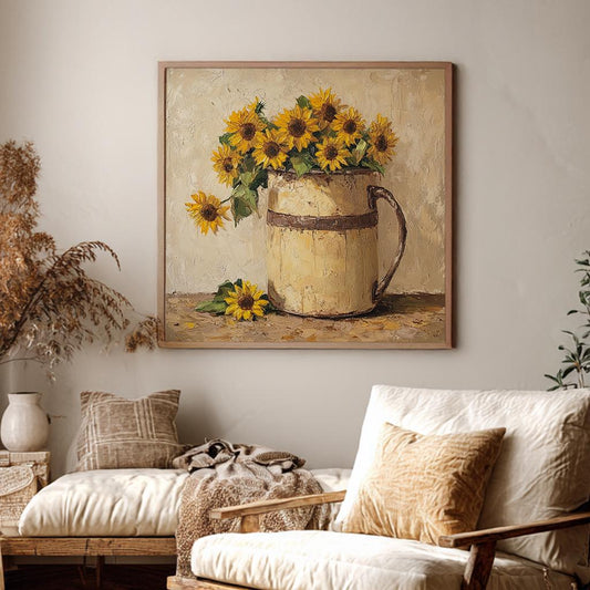 Sunflower Harvest Canvas Art | Impasto Palette Knife Print | French Country Wall Art For Kitchen | Creamy Honey Art Square Canvas Art