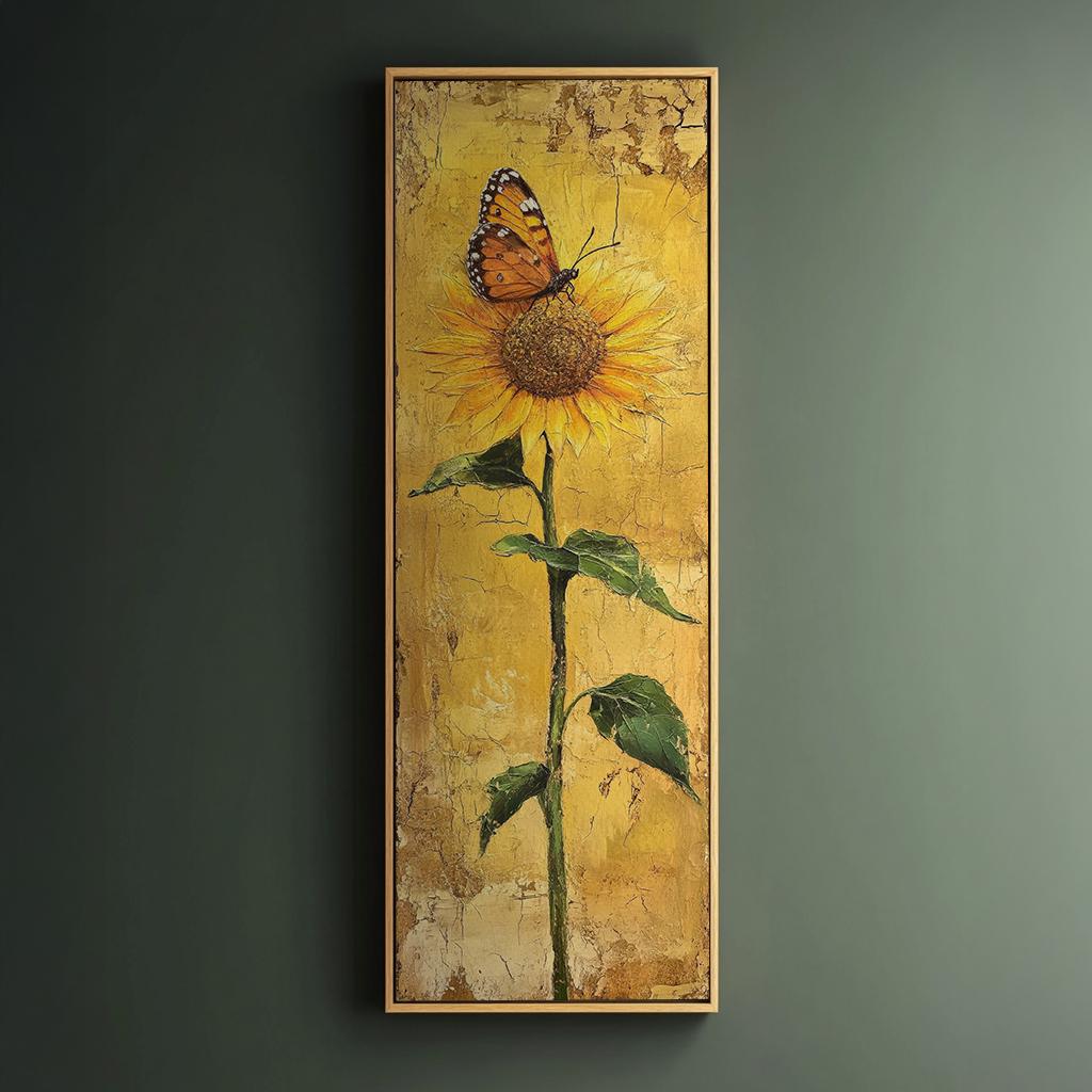 Sunflower and Butterfly Canvas Art | Impasto Print | Bohemian Wall Art For Living Room | Honeycomb Yellow Art Long Vertical Art