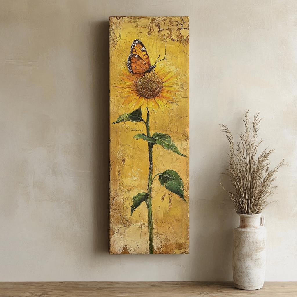 Sunflower and Butterfly Canvas Art | Impasto Print | Bohemian Wall Art For Living Room | Honeycomb Yellow Art Long Vertical Art