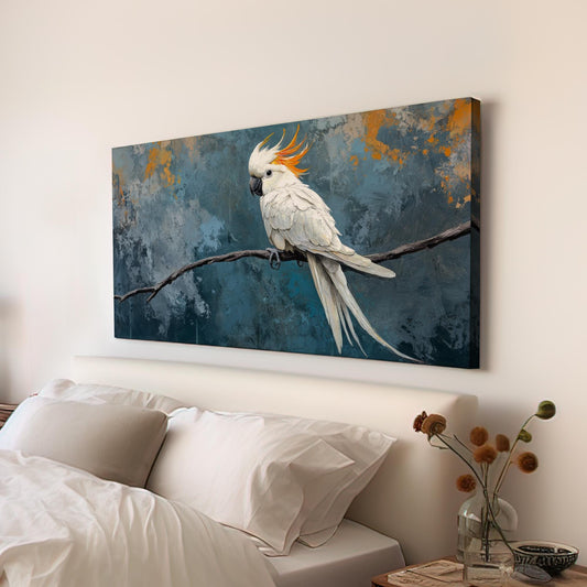 Sulphur Crested Cockatoo Canvas Art | Impasto Print | Bohemian Wall Art For Living Room | Stonewashed Blue Art Horizontal Art