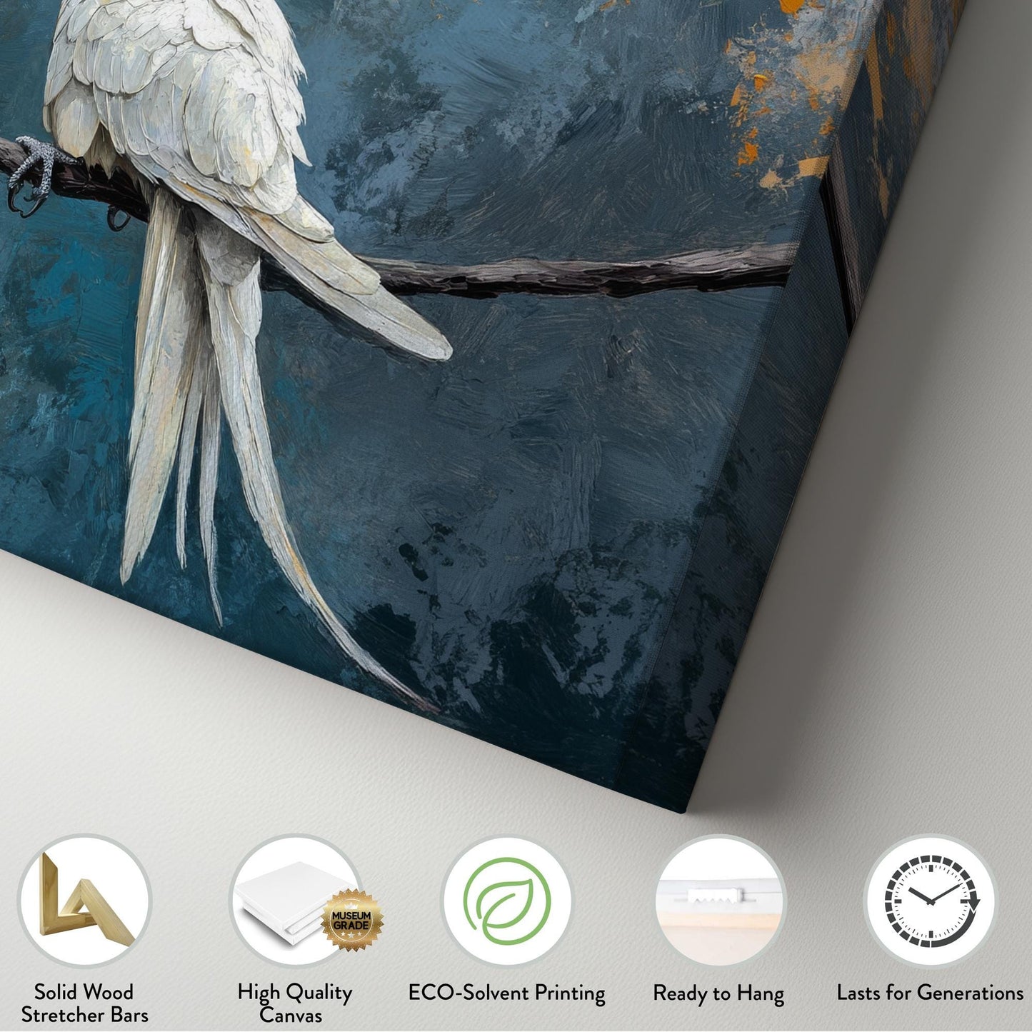 Sulphur Crested Cockatoo Canvas Art | Impasto Print | Bohemian Wall Art For Living Room | Stonewashed Blue Art Horizontal Art