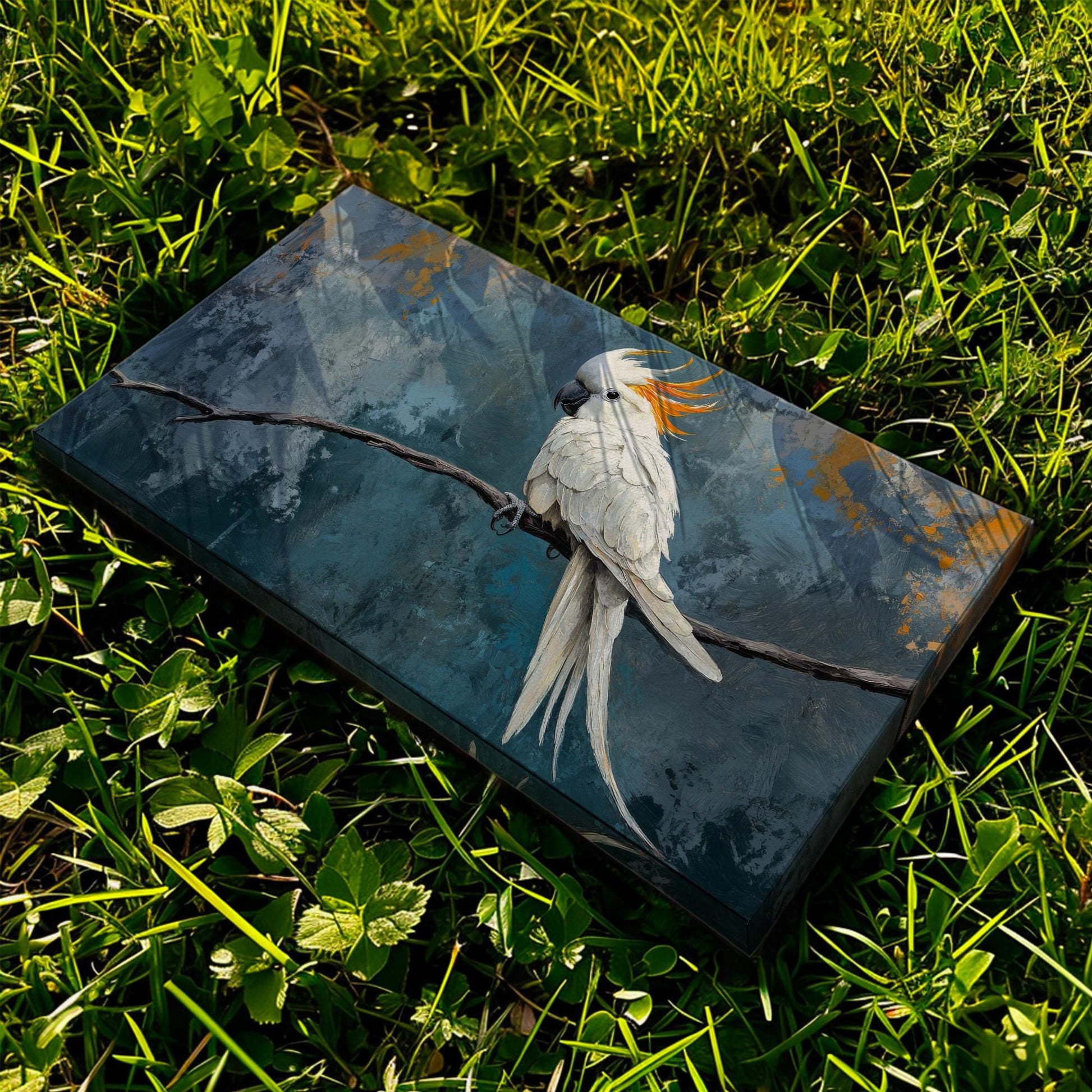 Sulphur Crested Cockatoo Canvas Art | Impasto Print | Bohemian Wall Art For Living Room | Stonewashed Blue Art Horizontal Art