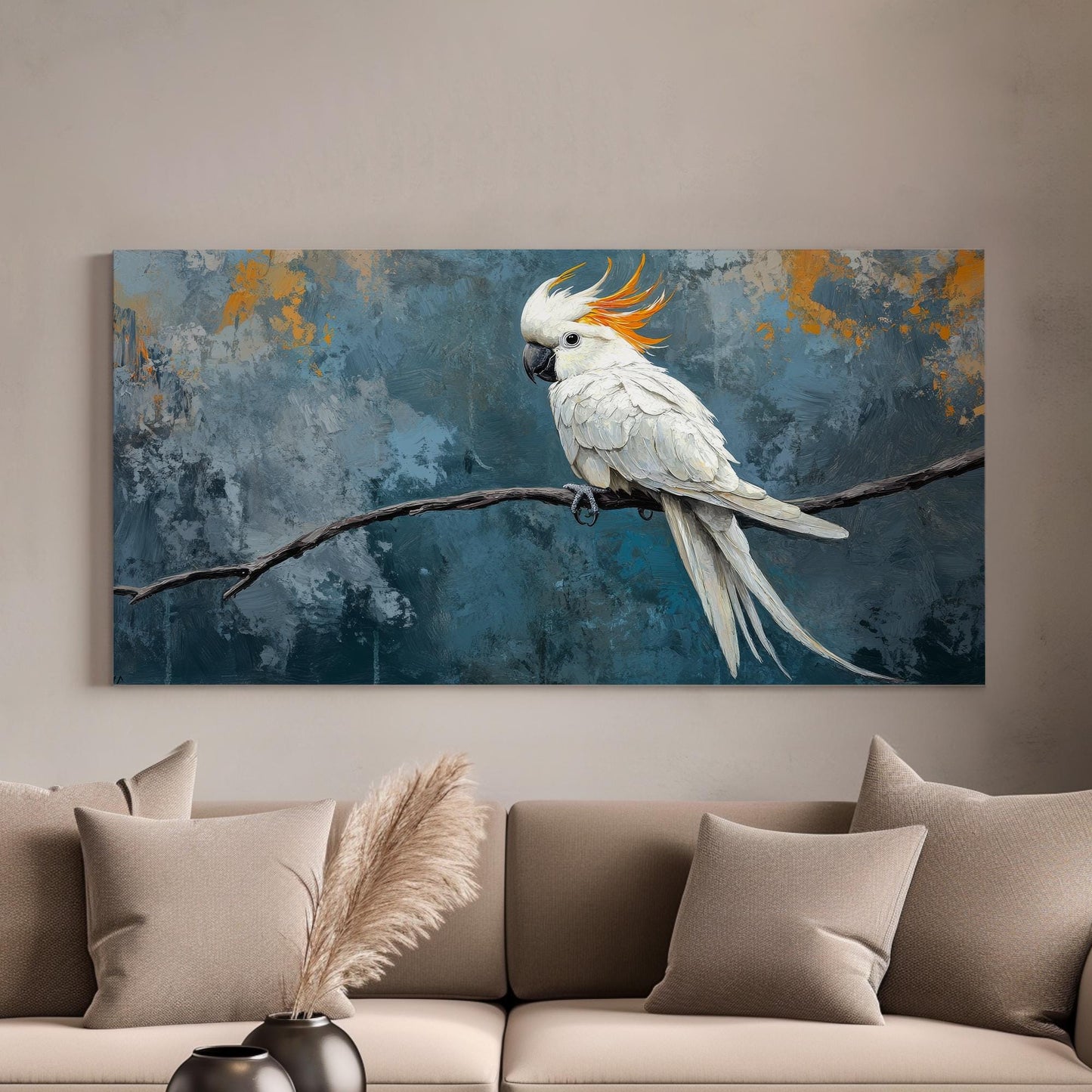 Sulphur Crested Cockatoo Canvas Art | Impasto Print | Bohemian Wall Art For Living Room | Stonewashed Blue Art Horizontal Art