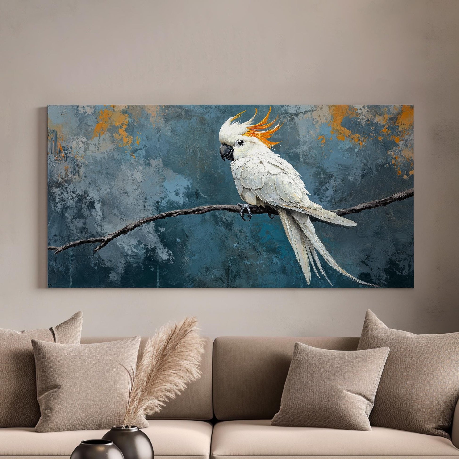 Sulphur Crested Cockatoo Canvas Art | Impasto Print | Bohemian Wall Art For Living Room | Stonewashed Blue Art Horizontal Art