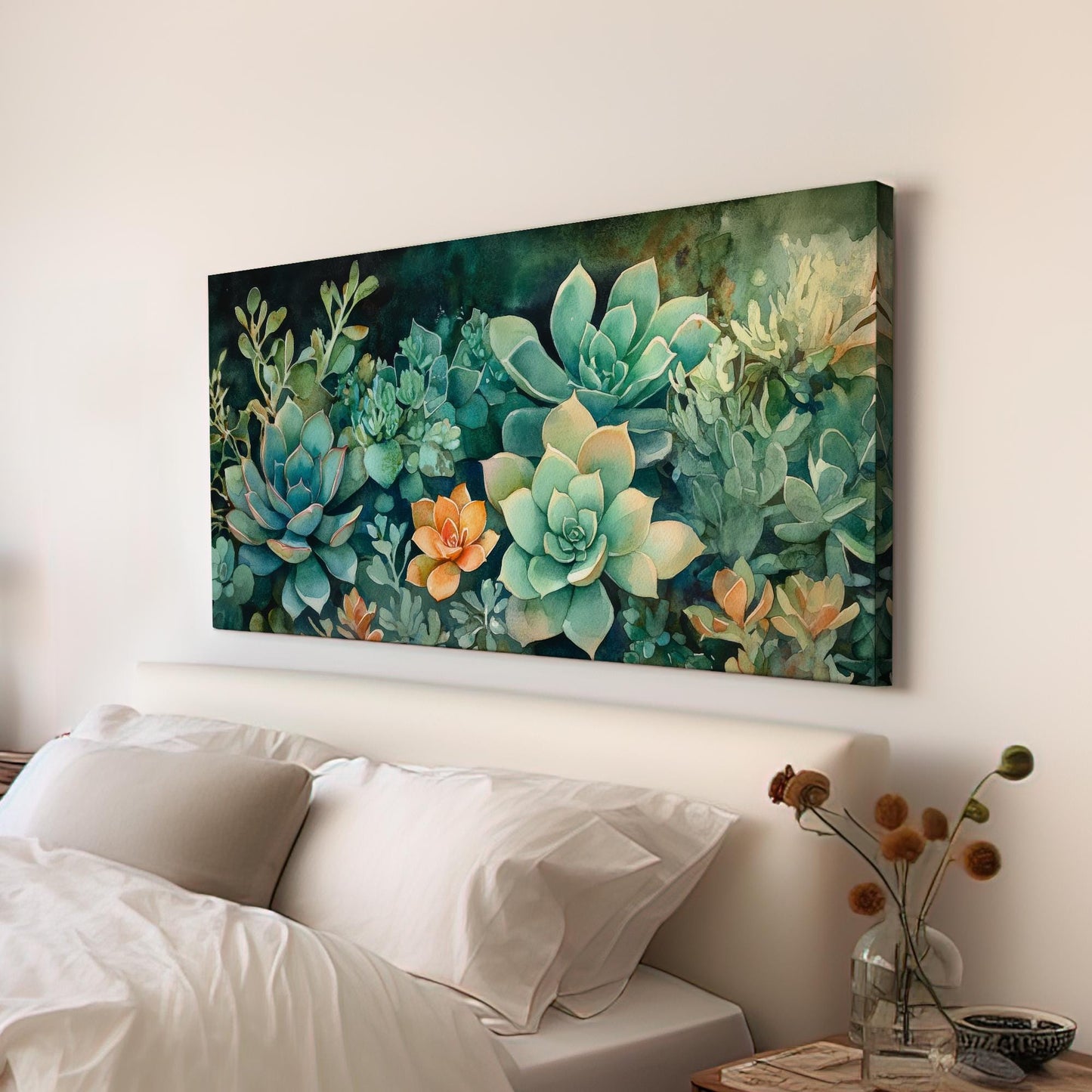 Succulent Botanical Canvas Art | Watercolor Botanical Print | Japandi Wall Art For Living Room | Jadeite Green Art Horizontal Art