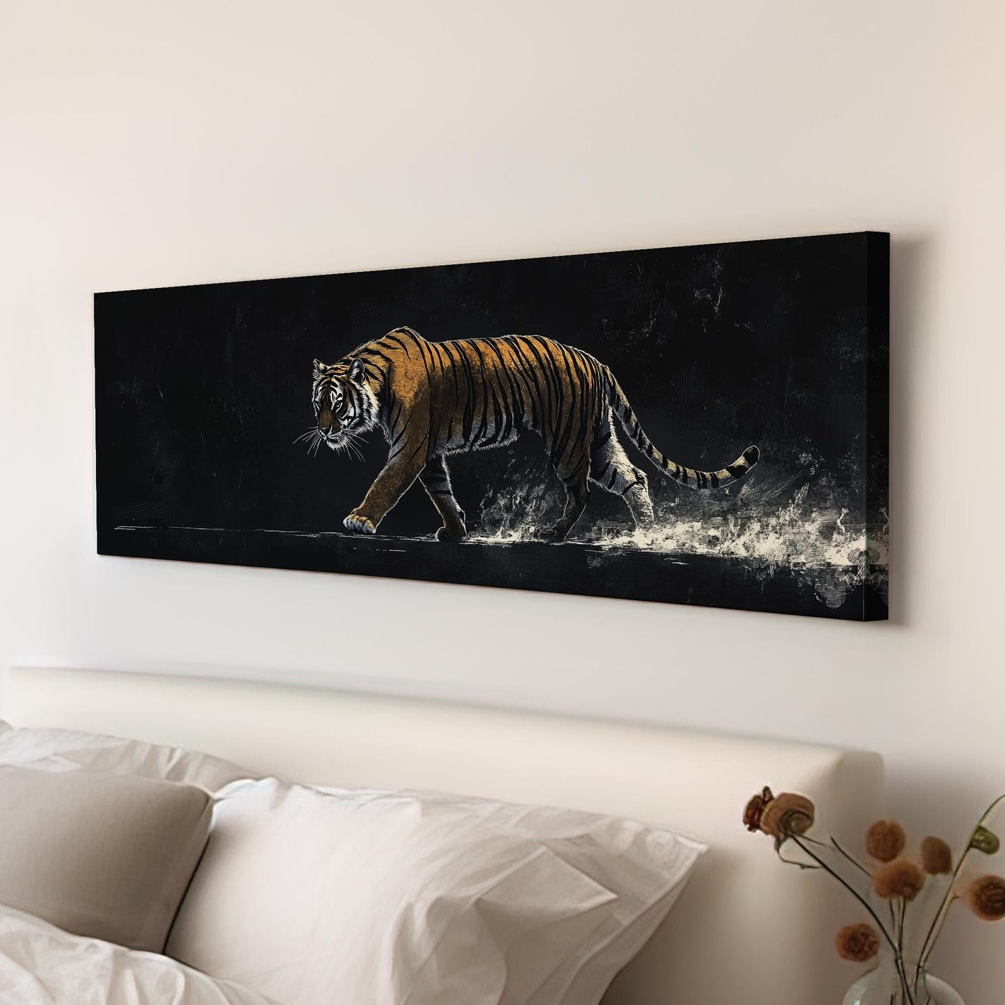 Striking Bengal Tiger Canvas Art | Scratchboard Print | Bohemian Wall Art For Living Room | Obsidian Amber Art Panoramic Wall Art
