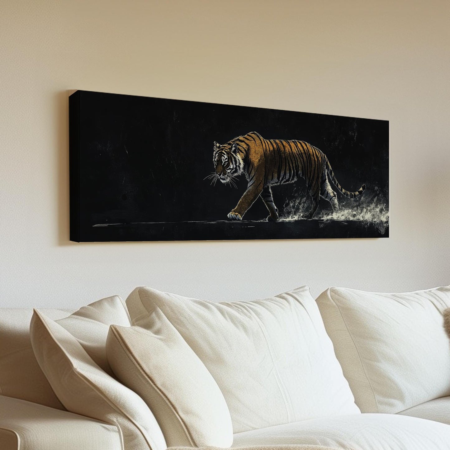 Striking Bengal Tiger Canvas Art | Scratchboard Print | Bohemian Wall Art For Living Room | Obsidian Amber Art Panoramic Wall Art