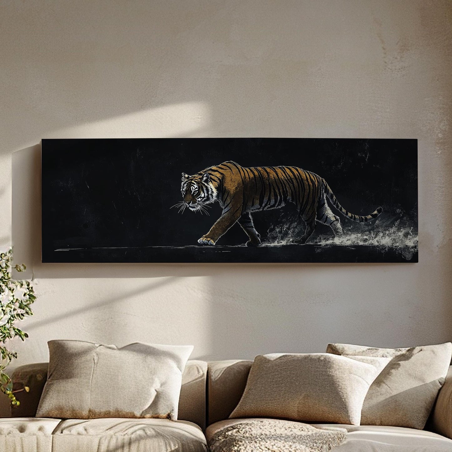 Striking Bengal Tiger Canvas Art | Scratchboard Print | Bohemian Wall Art For Living Room | Obsidian Amber Art Panoramic Wall Art